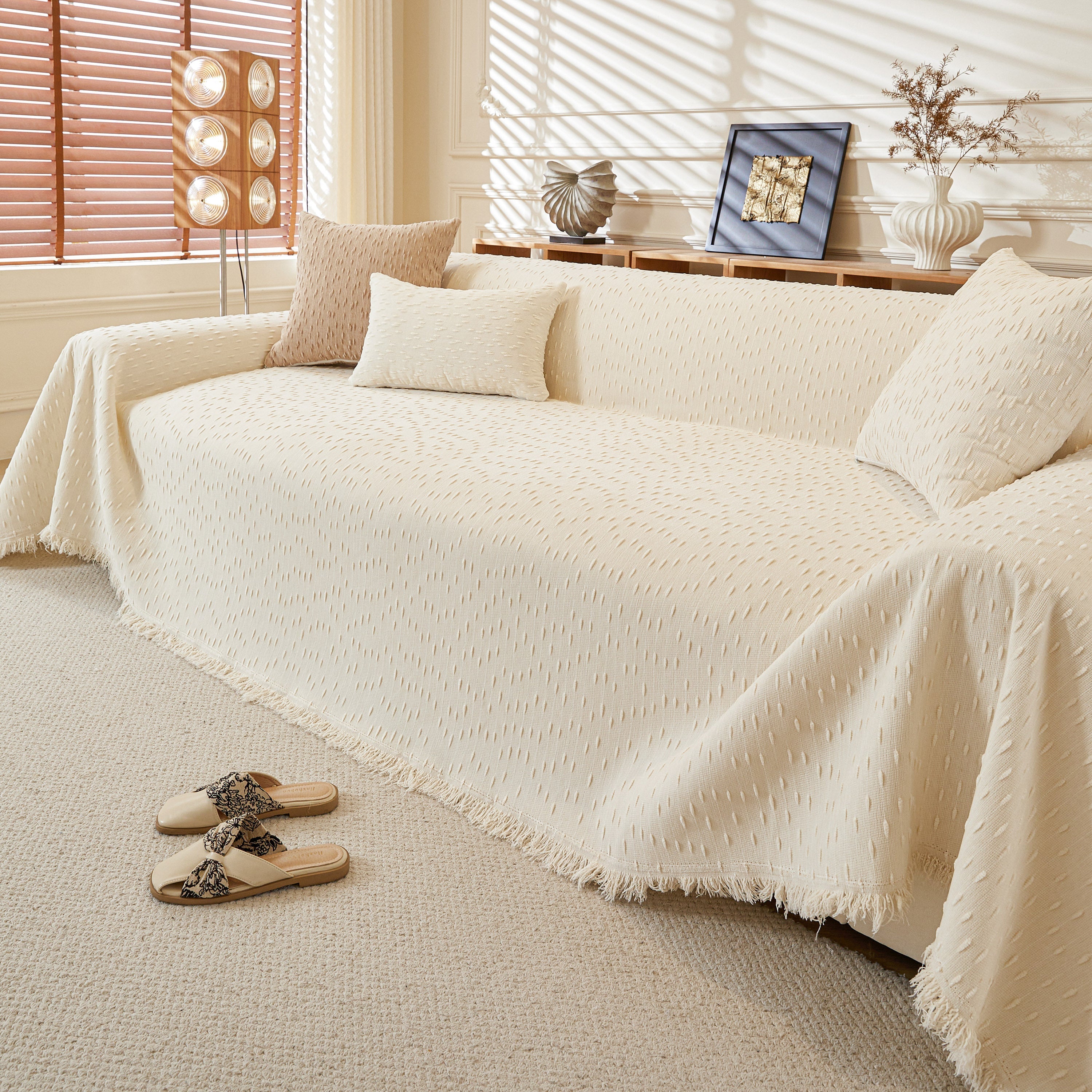Textured Chenille Sofa Cover with Fringe Trim