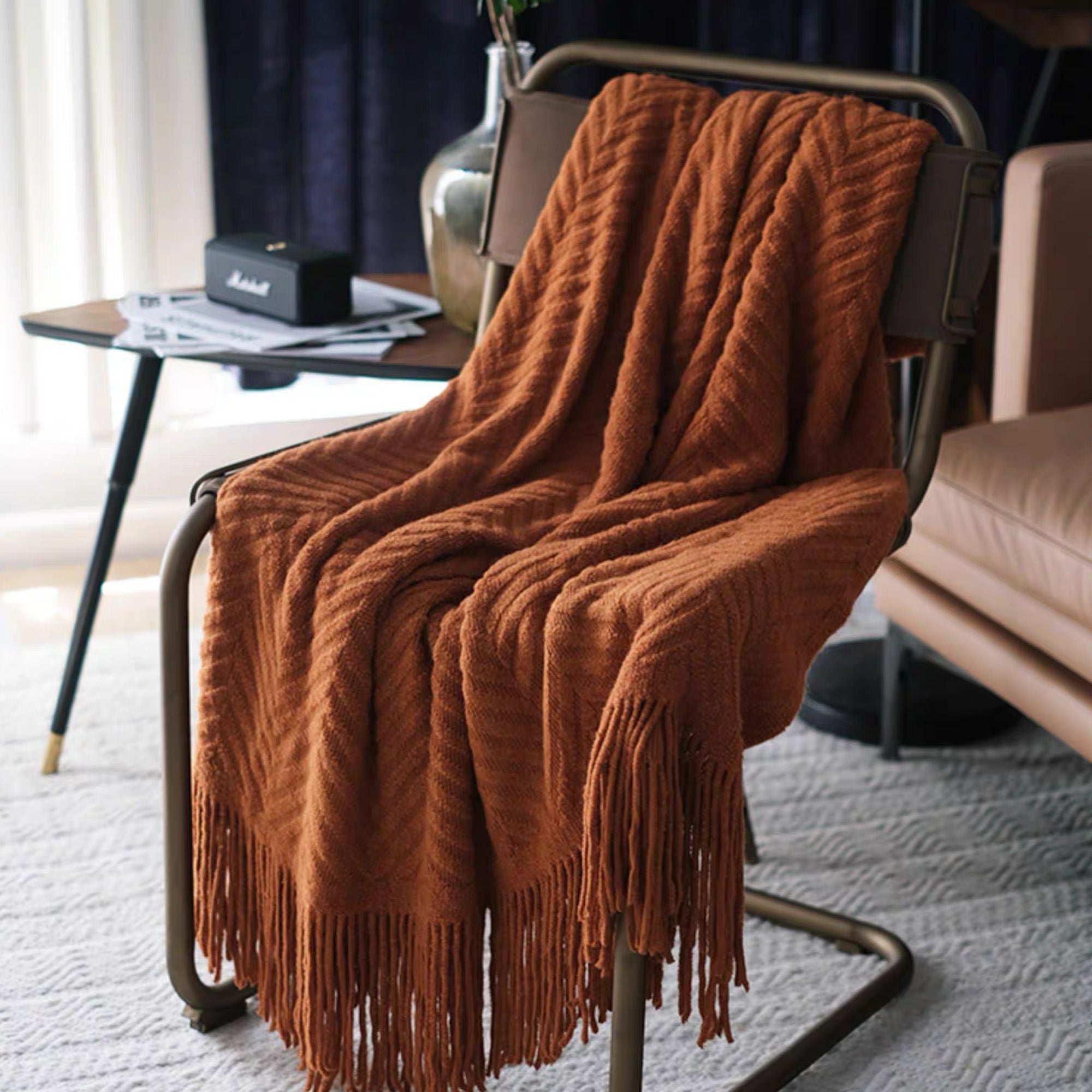 Textured Geometric Throw Blanket with Fringe
