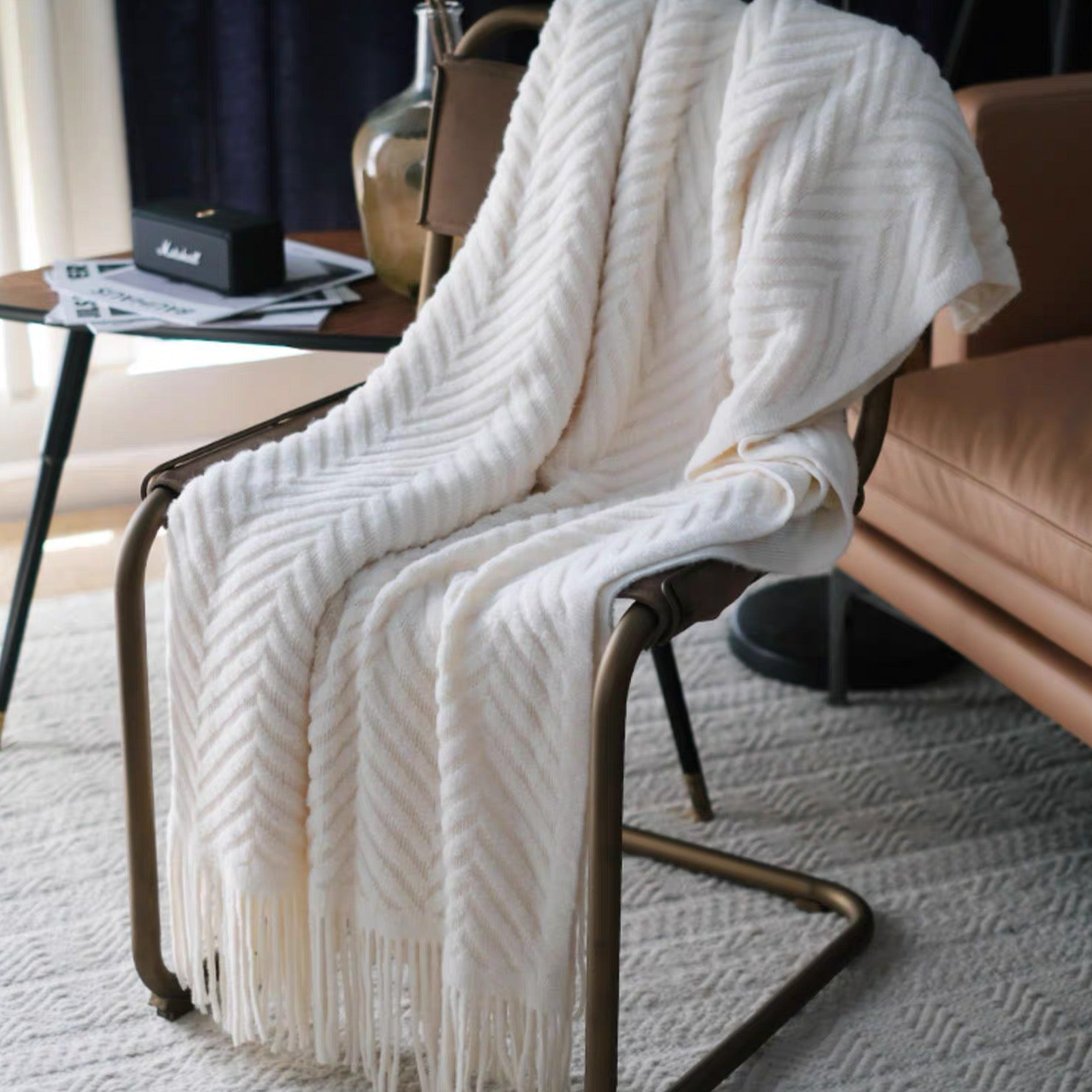Textured Geometric Throw Blanket with Fringe