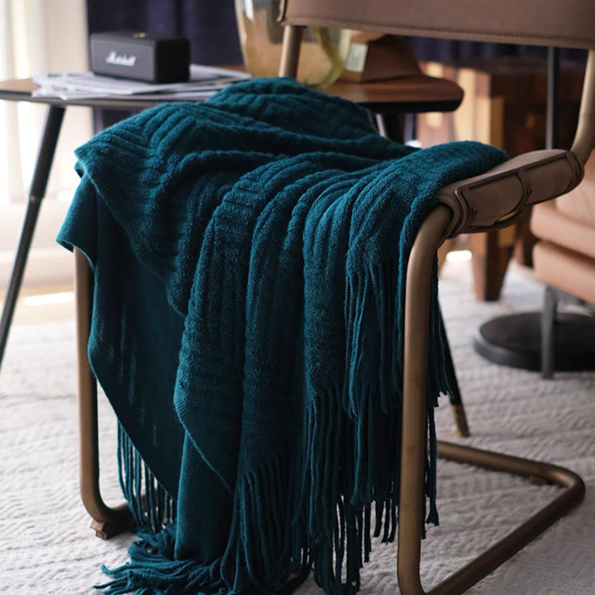 Textured Geometric Throw Blanket with Fringe