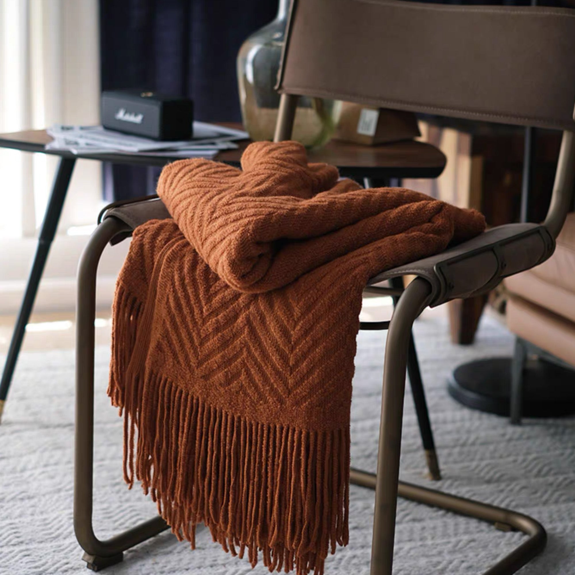 Textured Geometric Throw Blanket with Fringe