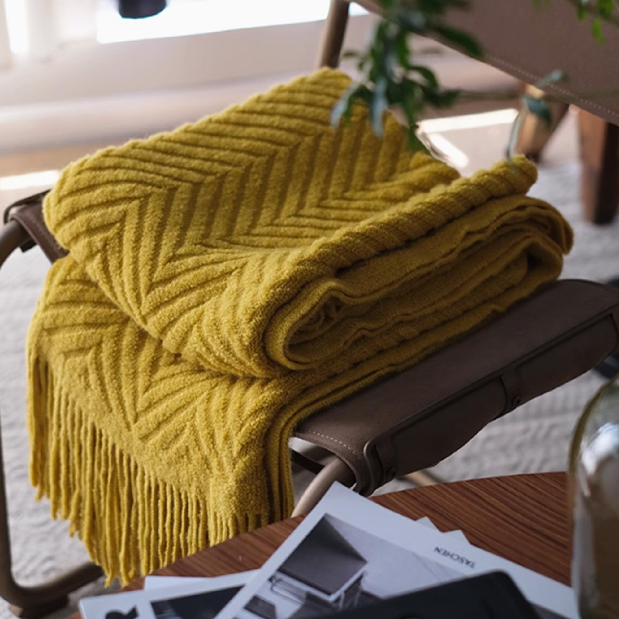 Textured Geometric Throw Blanket with Fringe