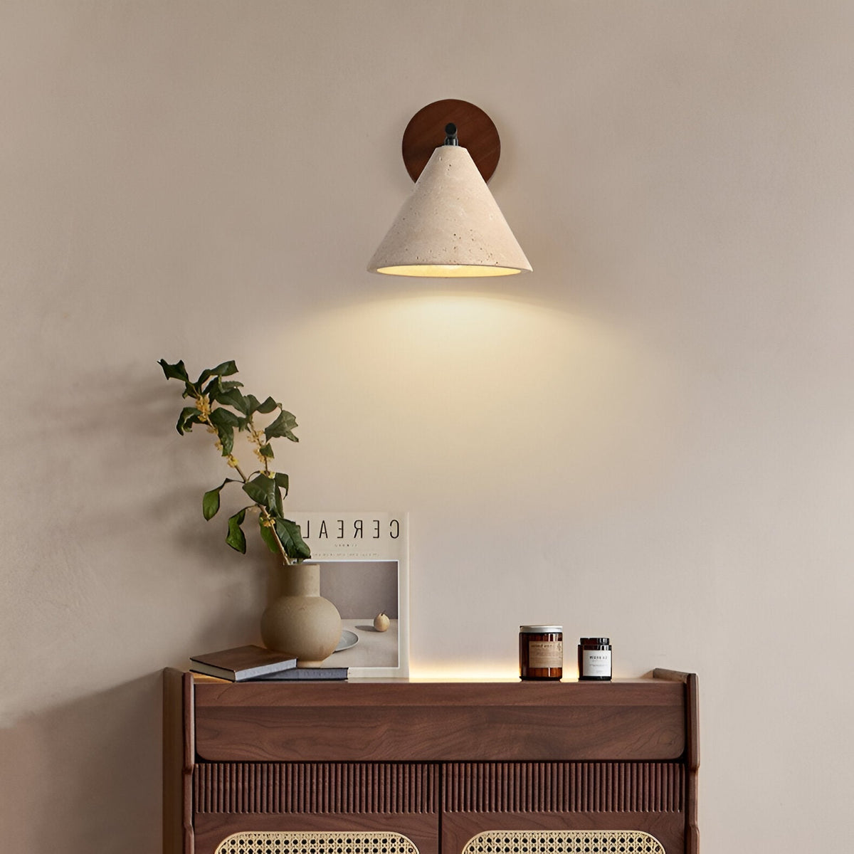 Travertine Cone Wall Sconce with Wood Base
