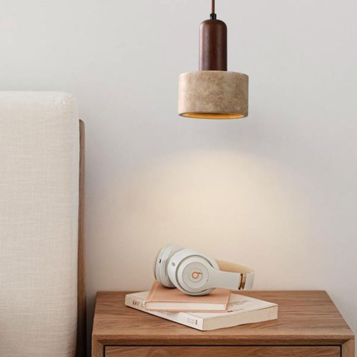 Travertine Stone Wood Cylinder Pendant Light