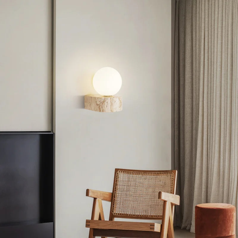 Travertine Wall Sconce with Round Glass Globe