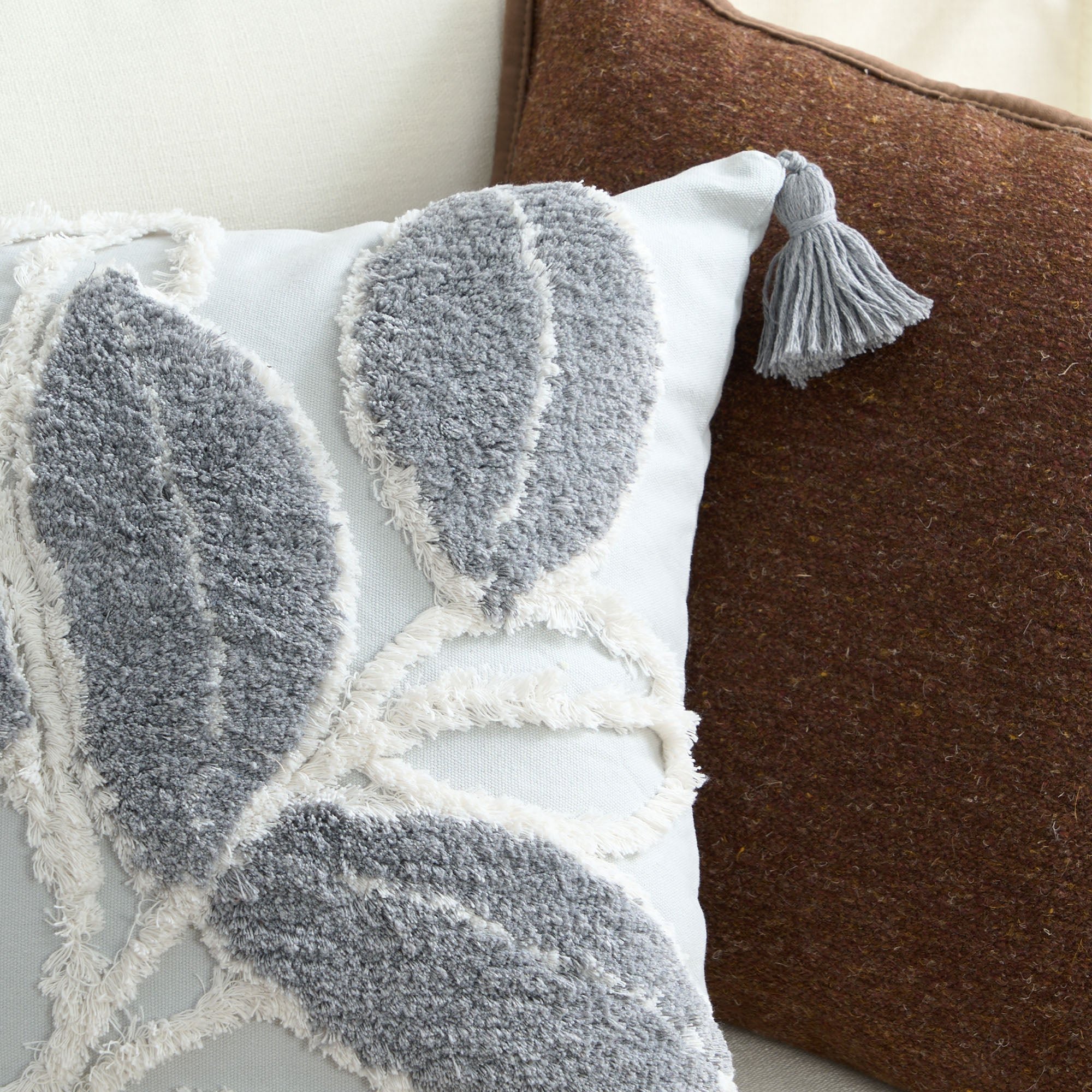 Tufted Leaf Cushion Cover with Tassel Corners