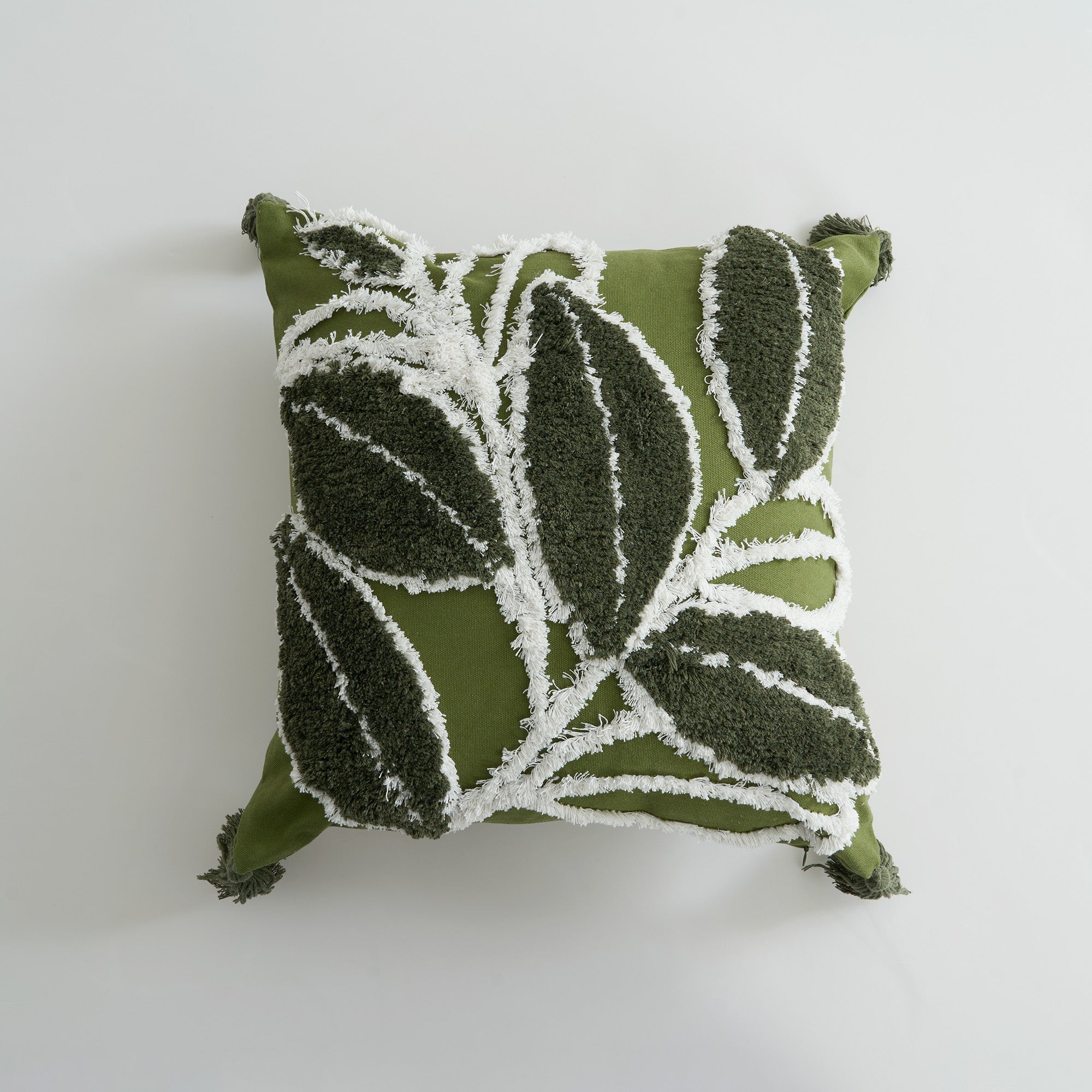 Tufted Leaf Cushion Cover with Tassel Corners