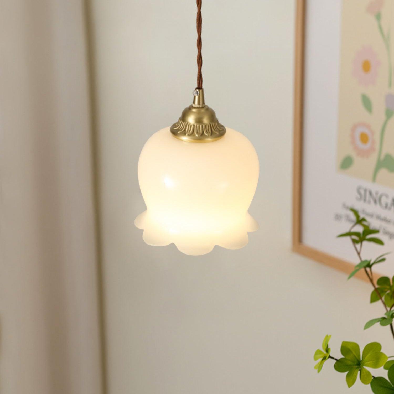 Vintage Brass Petal Glass Pendant Light Fixture