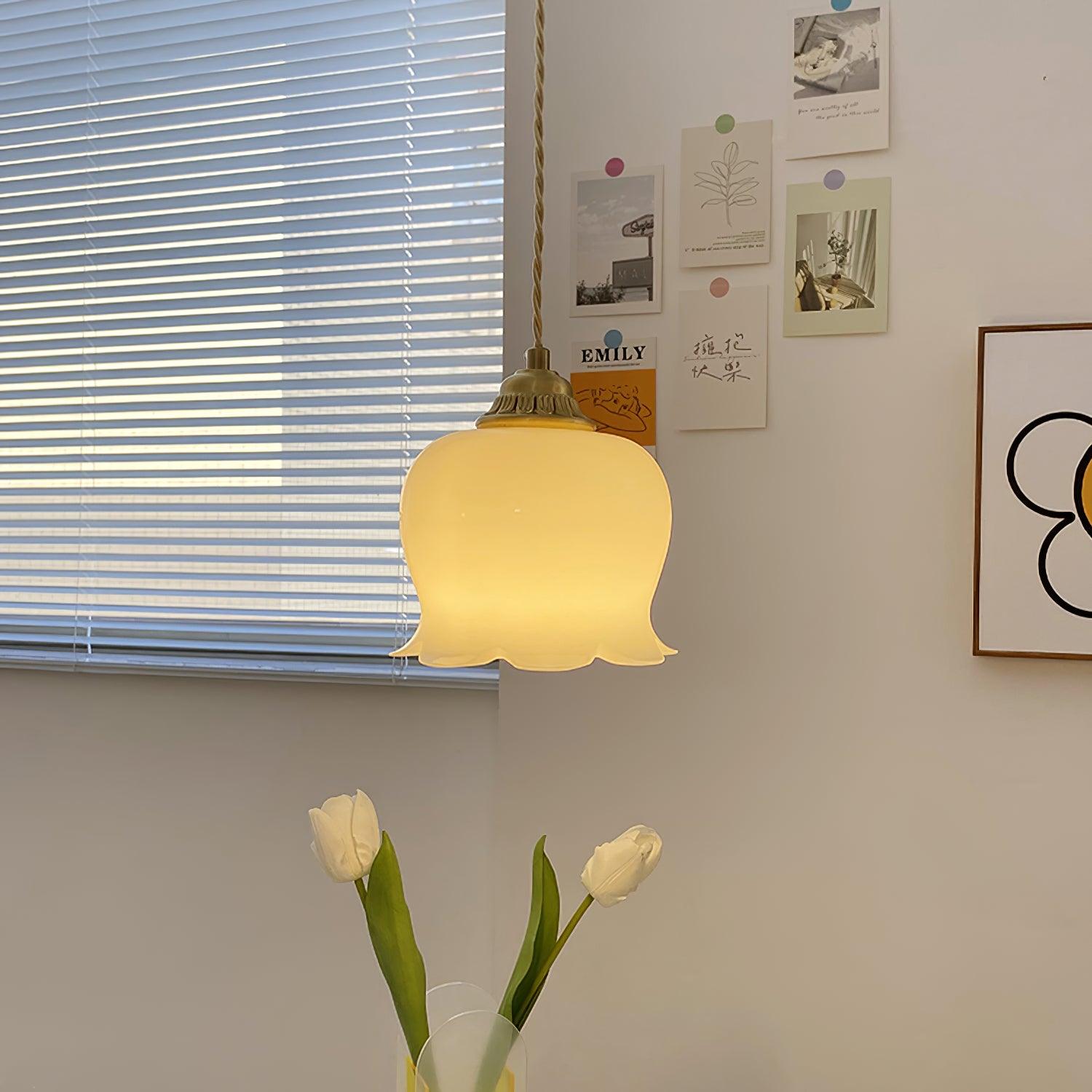Vintage Brass Petal Glass Pendant Light Fixture