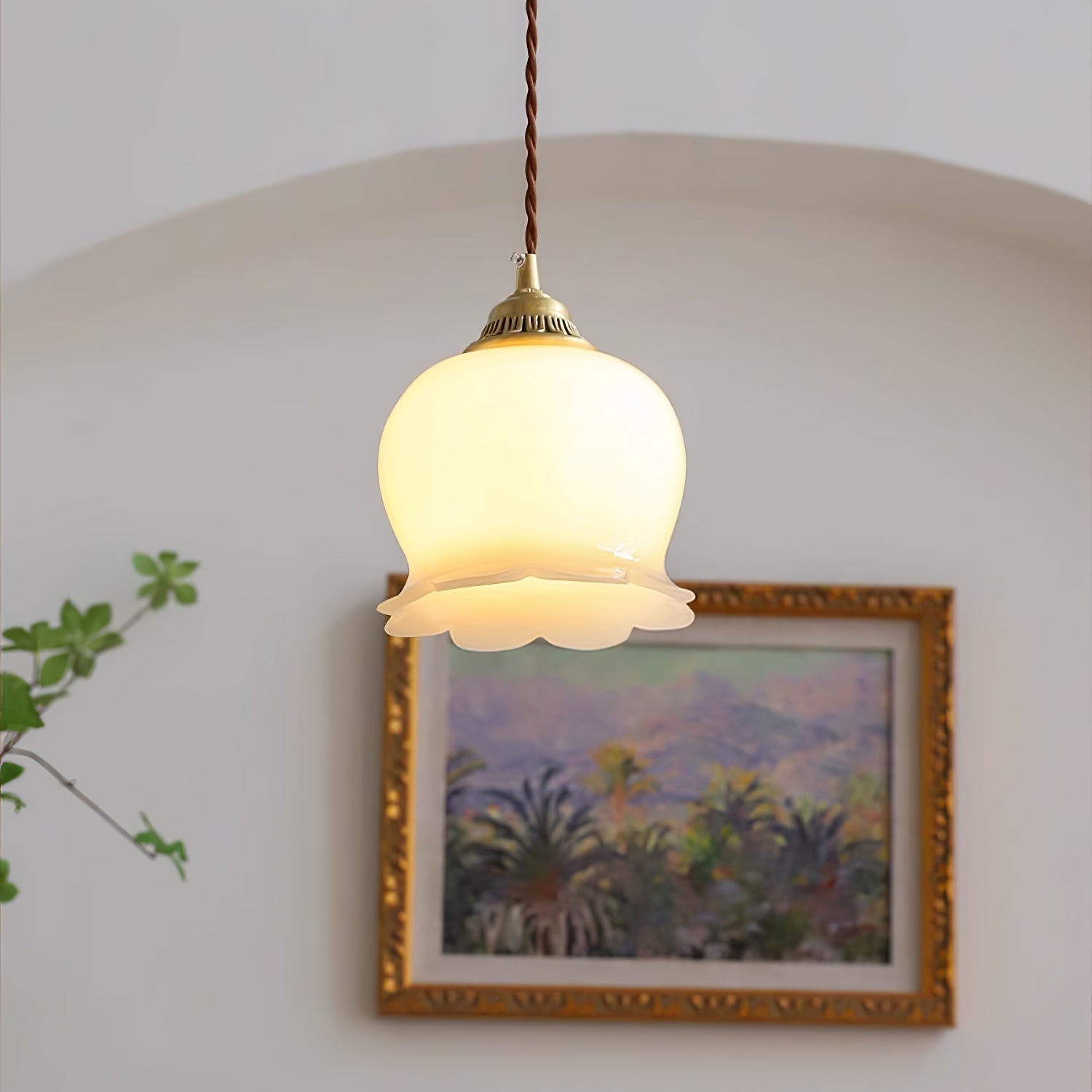 Vintage Brass Petal Glass Pendant Light Fixture