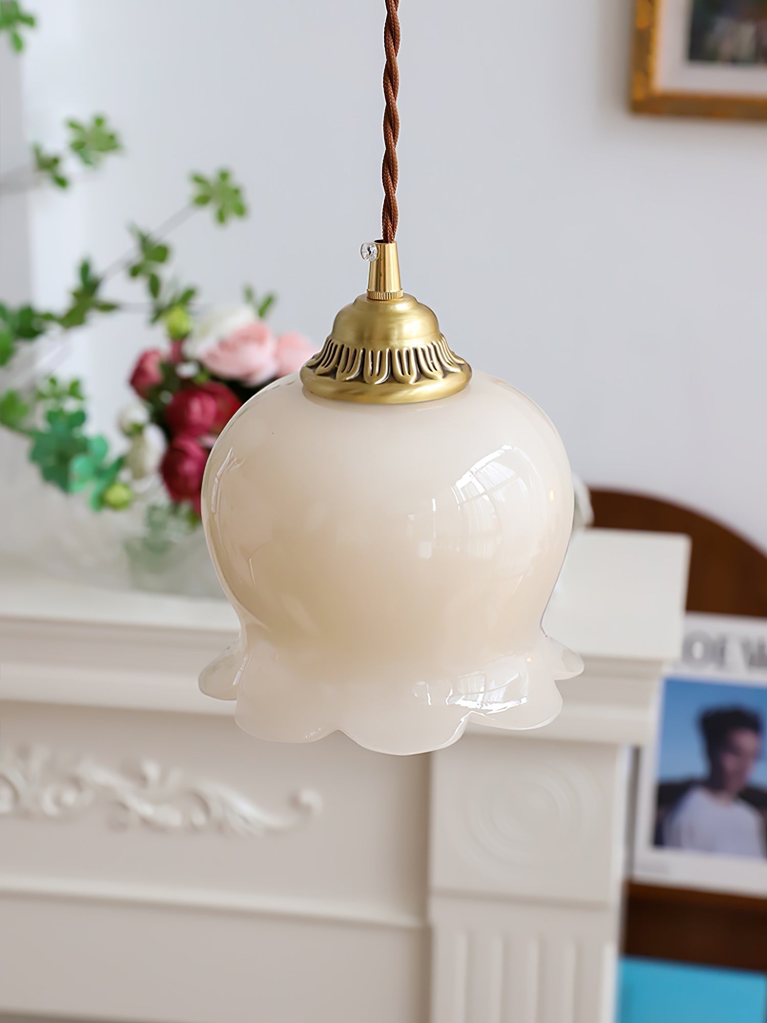 Vintage Brass Petal Glass Pendant Light Fixture