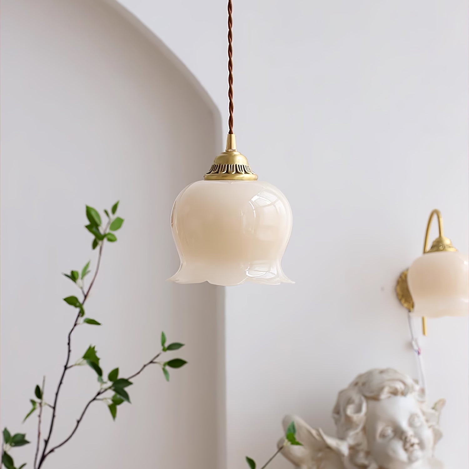 Vintage Brass Petal Glass Pendant Light Fixture