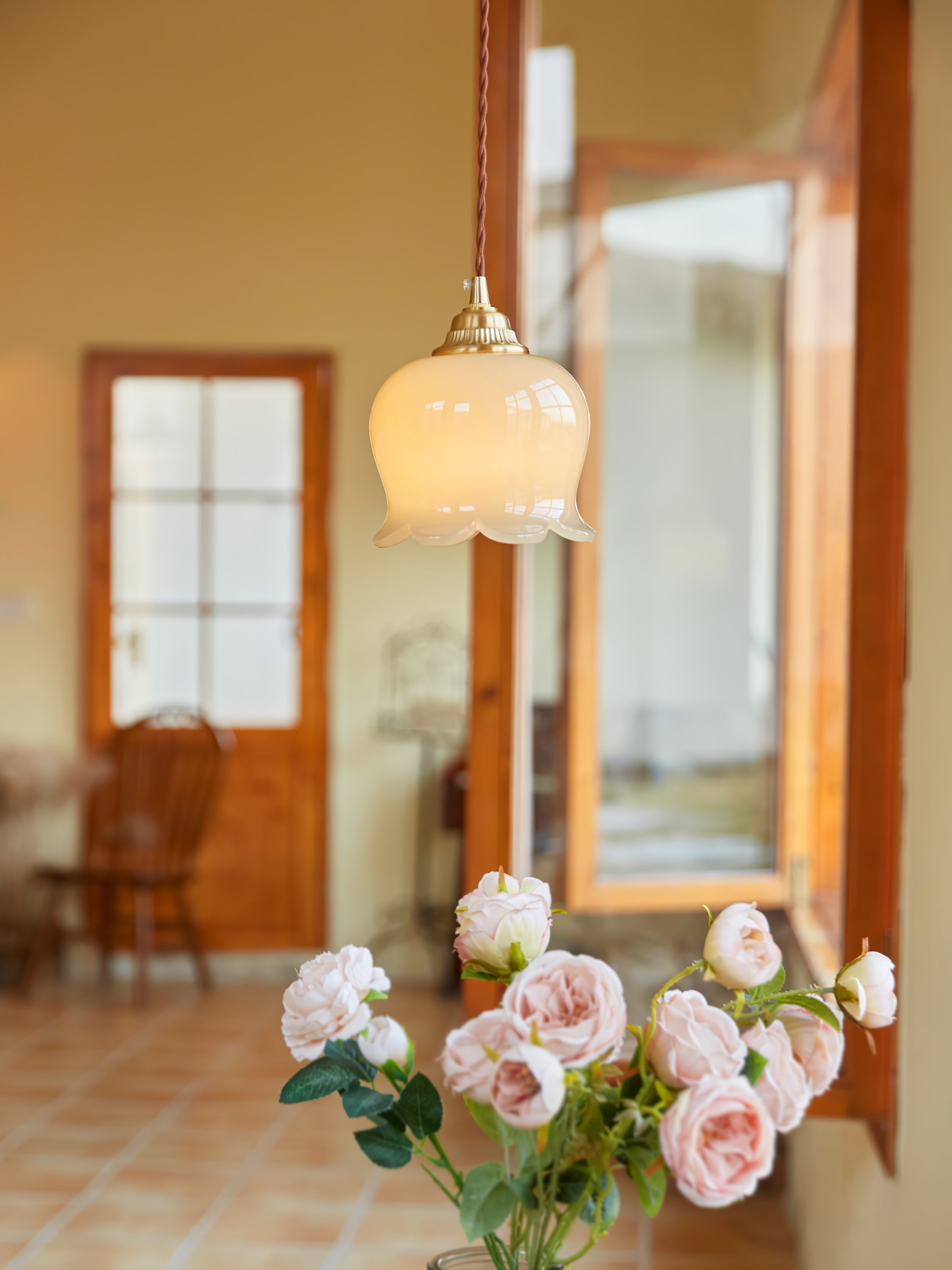 Vintage Brass Petal Glass Pendant Light Fixture