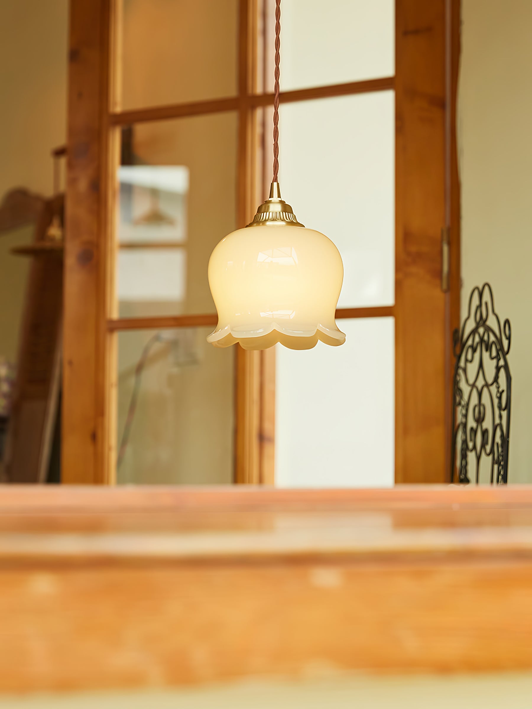 Vintage Brass Petal Glass Pendant Light Fixture