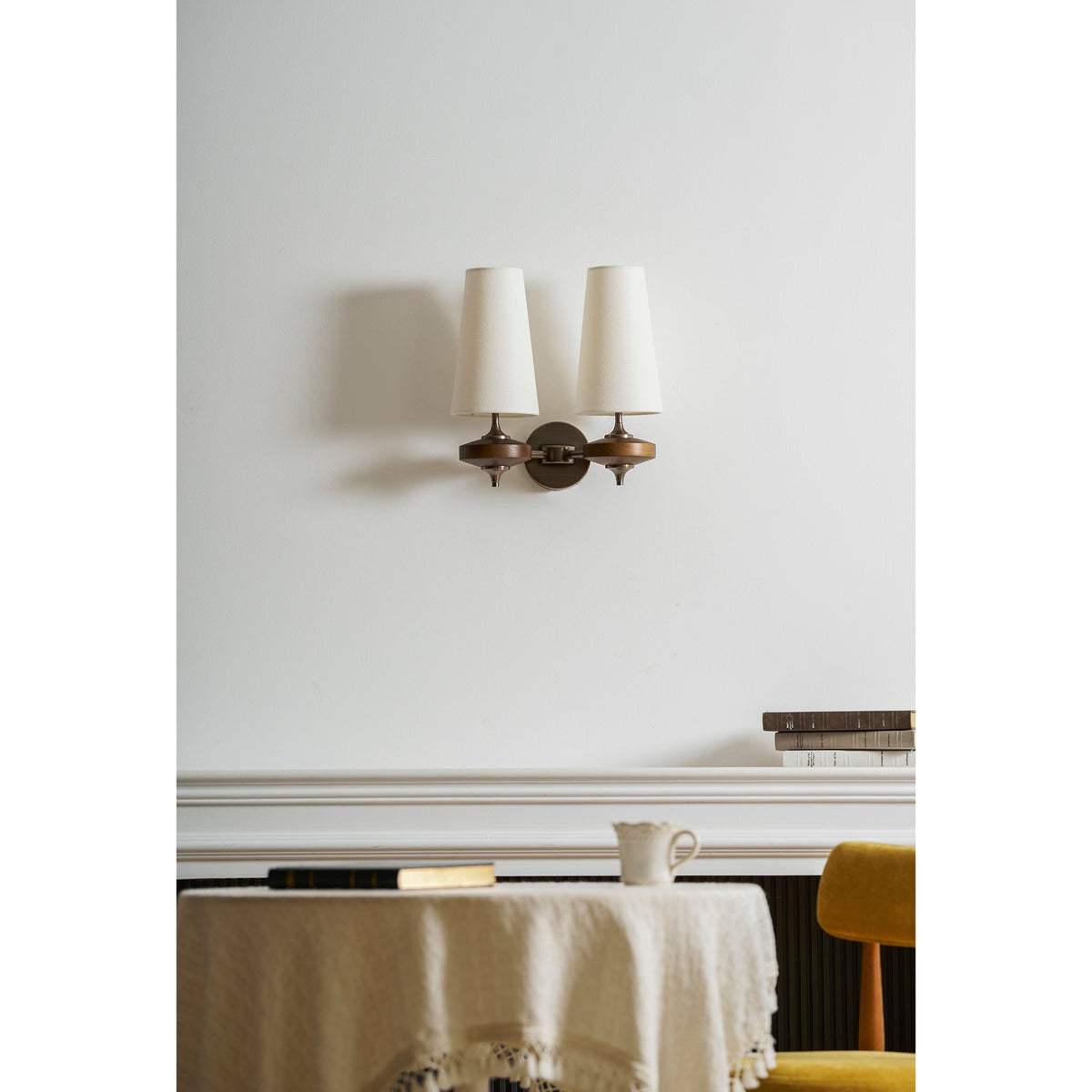 Walnut Double Wall Sconce with Fabric Shades