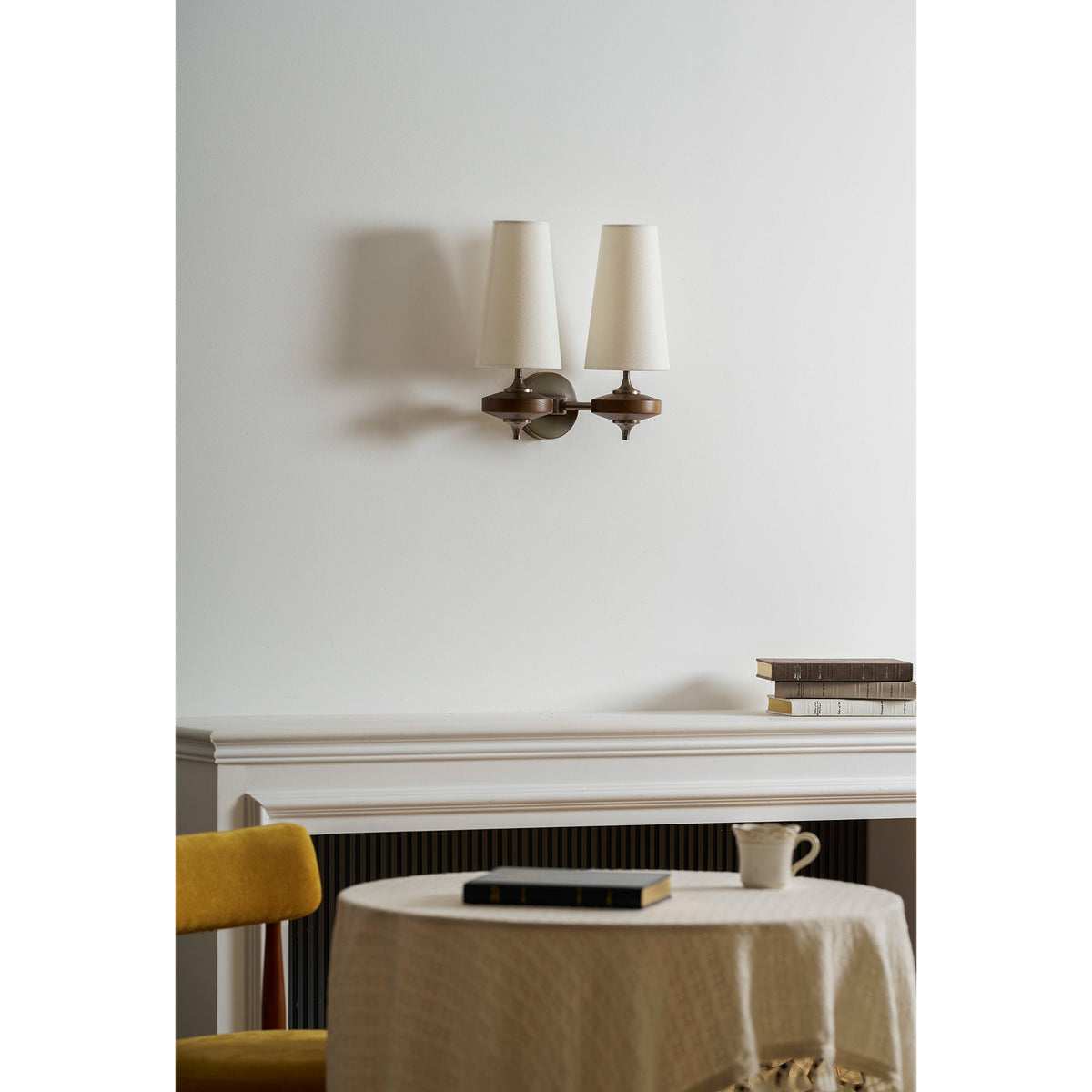 Walnut Double Wall Sconce with Fabric Shades