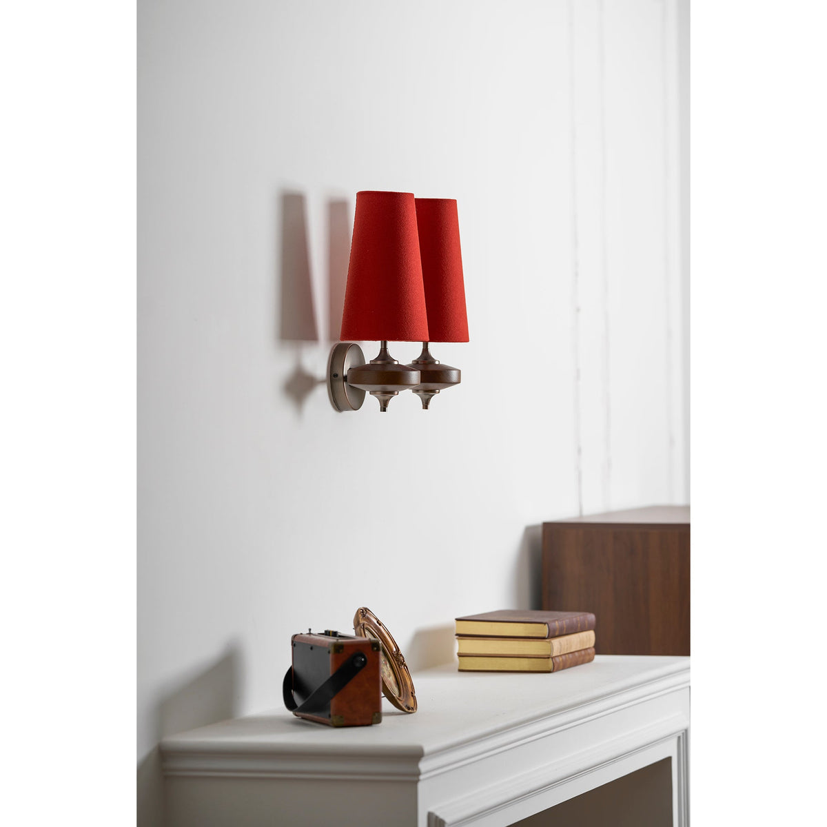 Walnut Double Wall Sconce with Fabric Shades