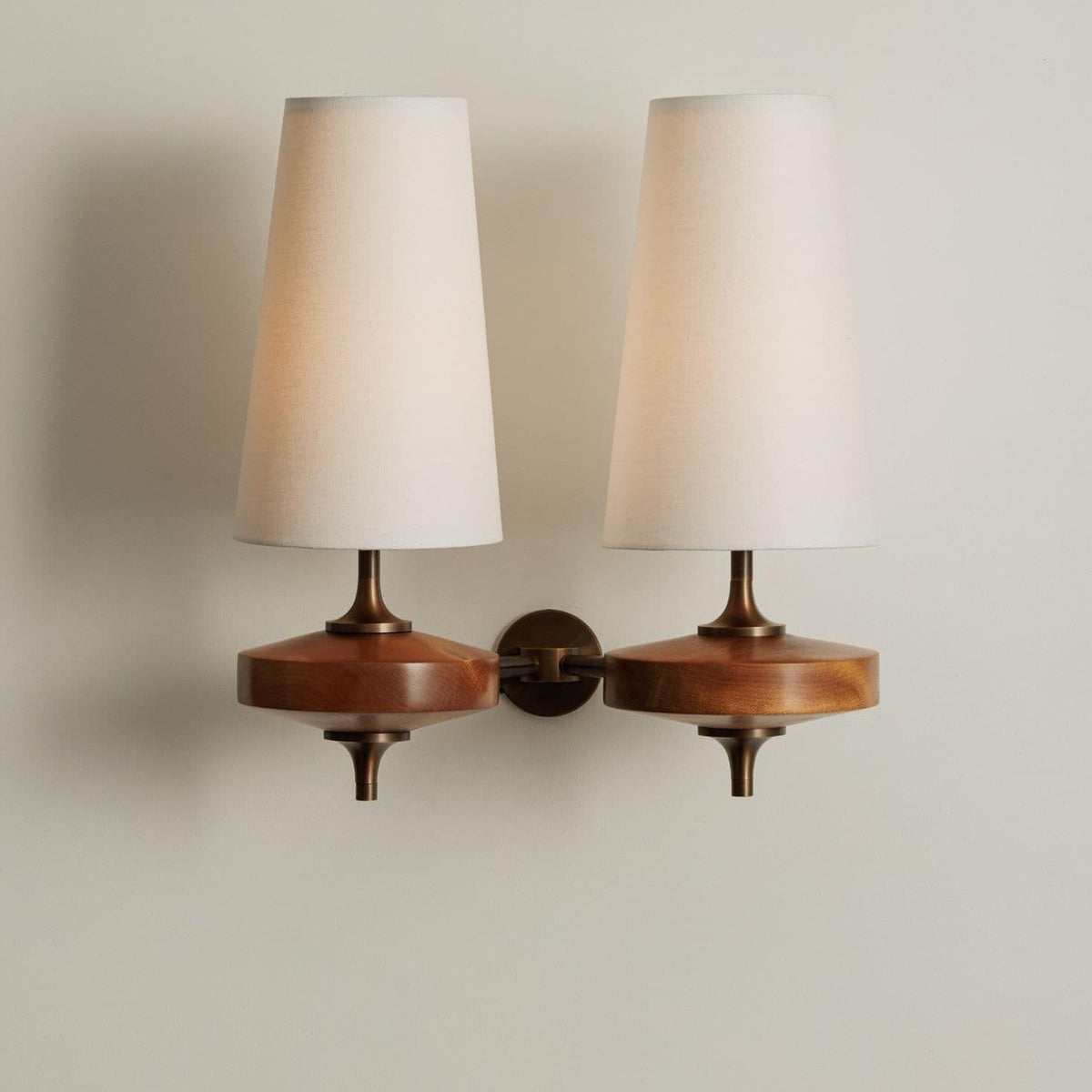 Walnut Double Wall Sconce with Fabric Shades