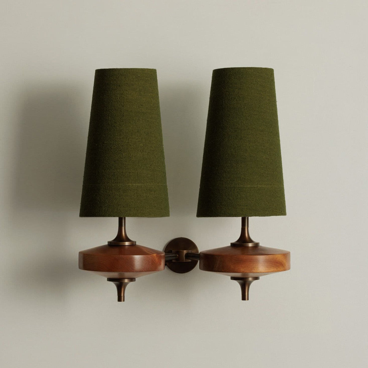Walnut Double Wall Sconce with Fabric Shades