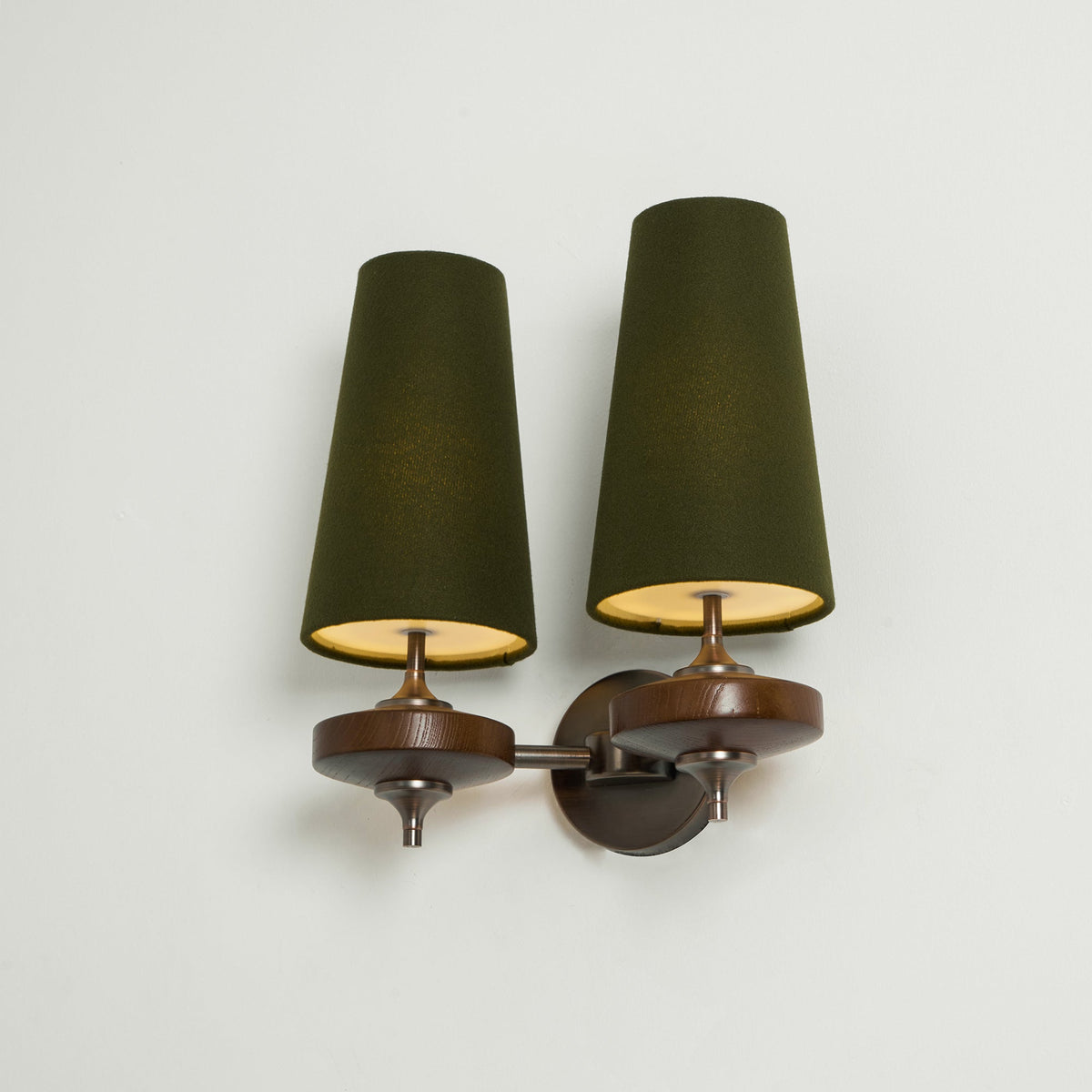 Walnut Double Wall Sconce with Fabric Shades