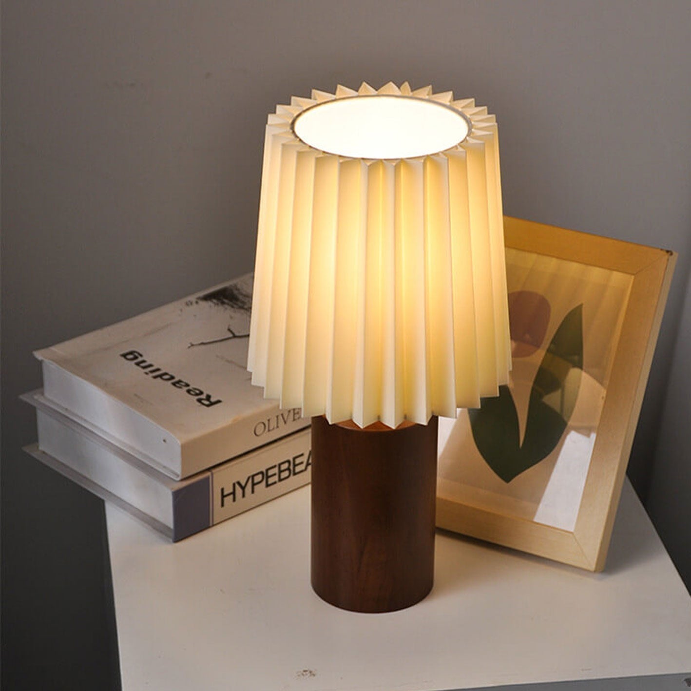 Walnut Table Lamp with Pleated Fabric Shade
