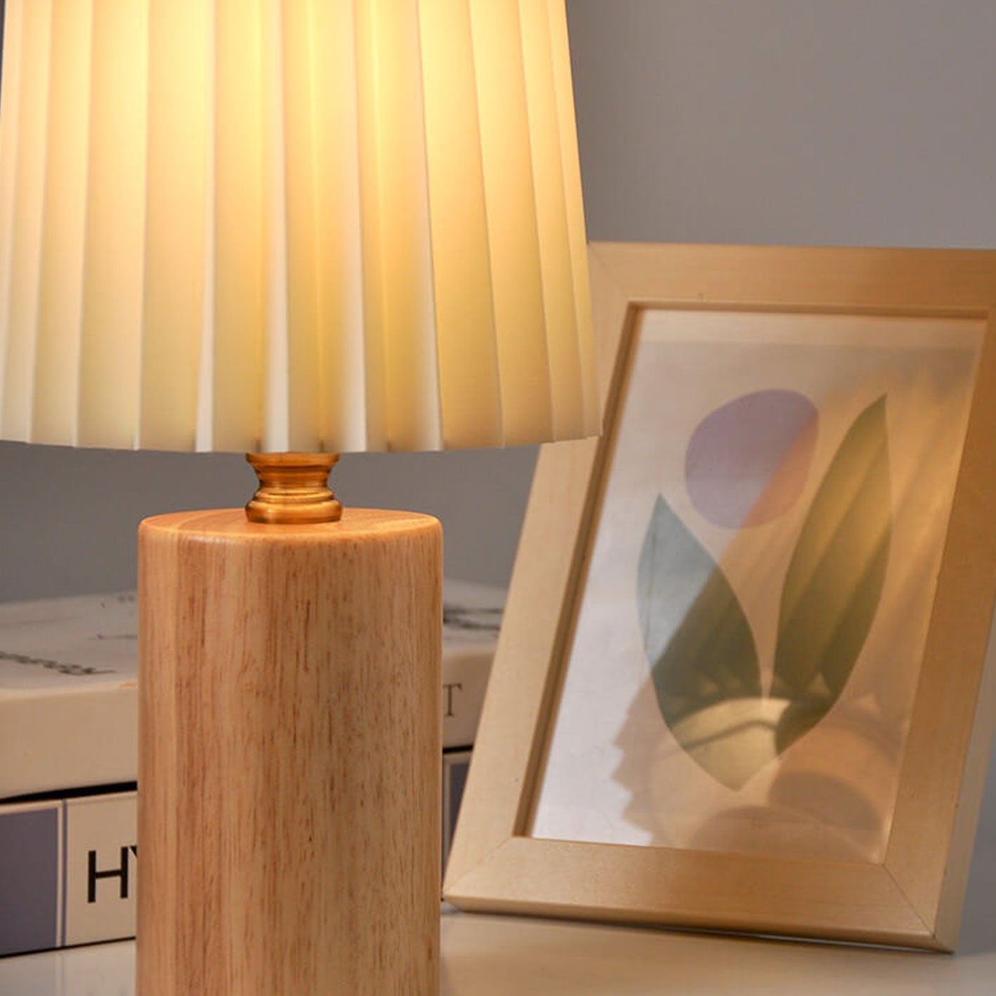 Walnut Table Lamp with Pleated Fabric Shade