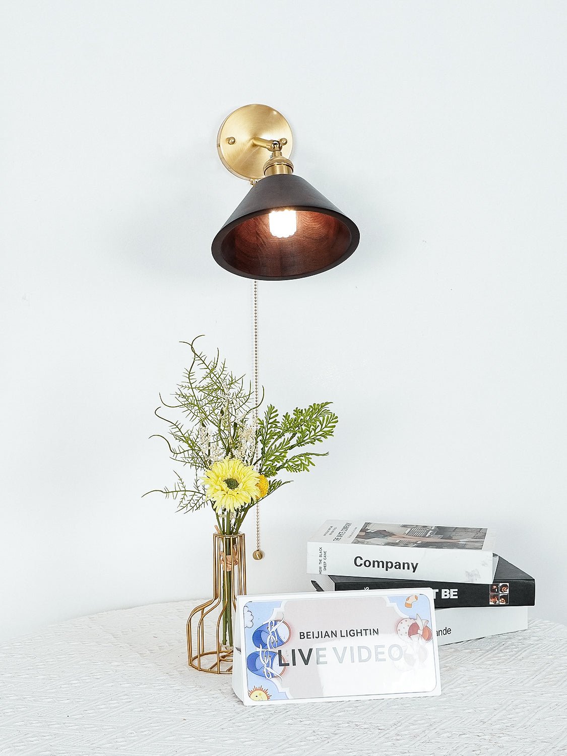 Walnut Wood Dome Sconce with Brass Arm