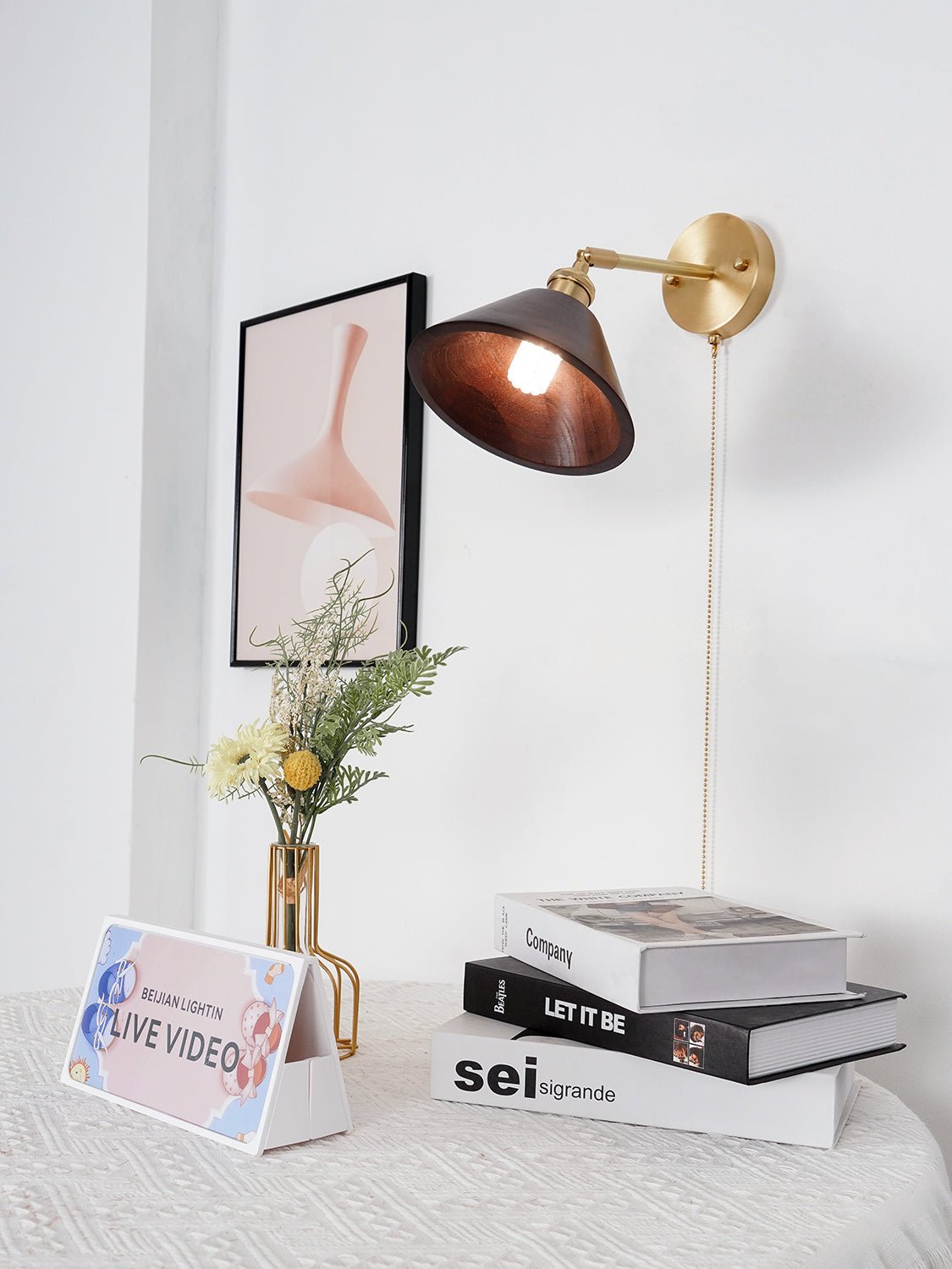 Walnut Wood Dome Sconce with Brass Arm