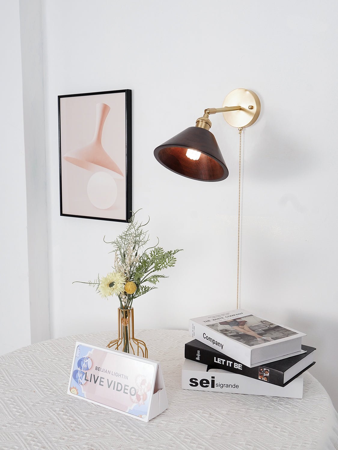 Walnut Wood Dome Sconce with Brass Arm