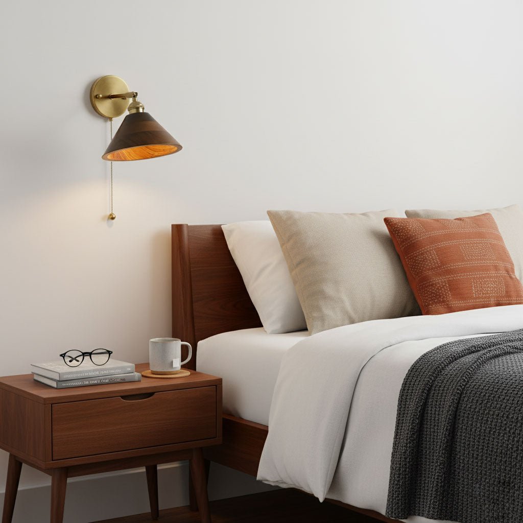 Walnut Wood Dome Sconce with Brass Arm
