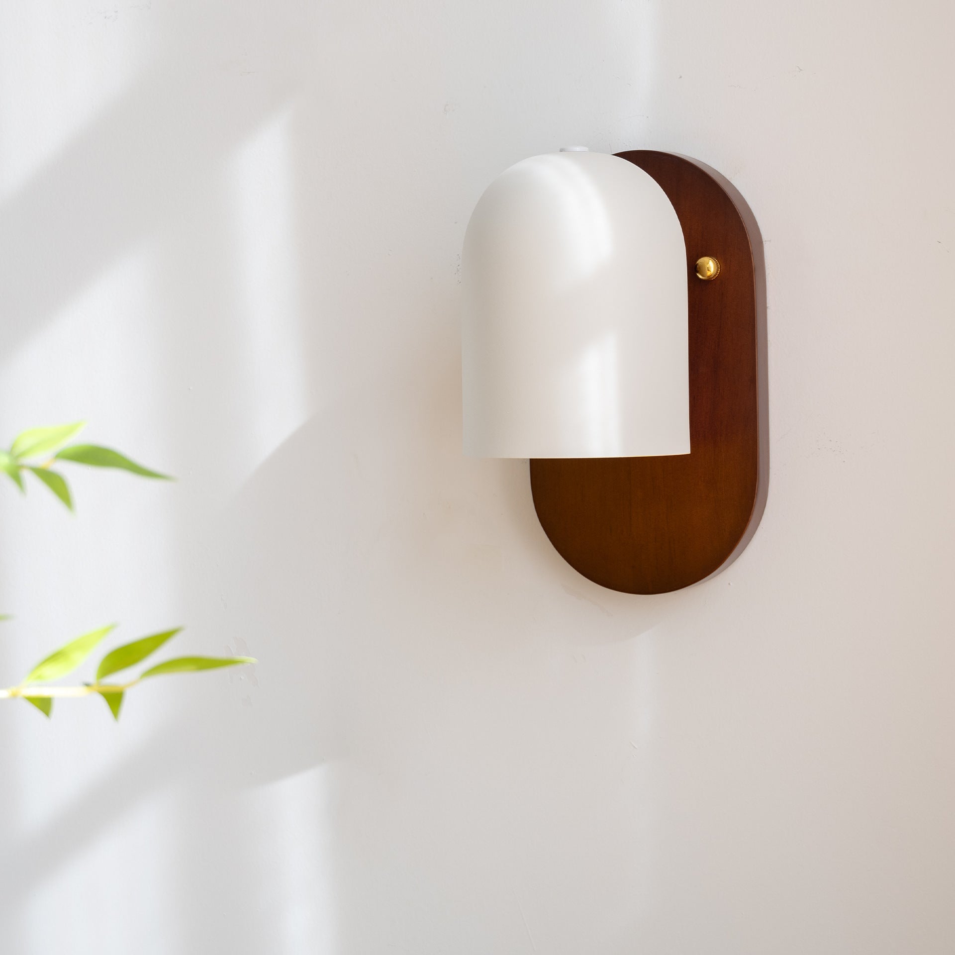 Walnut Wood Wall Sconce with White Dome Shade