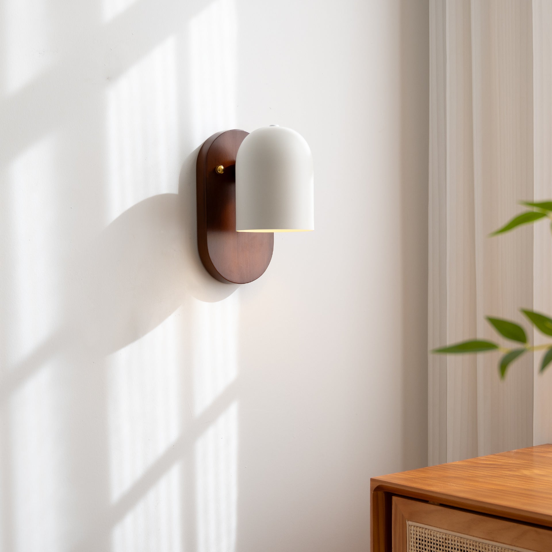 Walnut Wood Wall Sconce with White Dome Shade