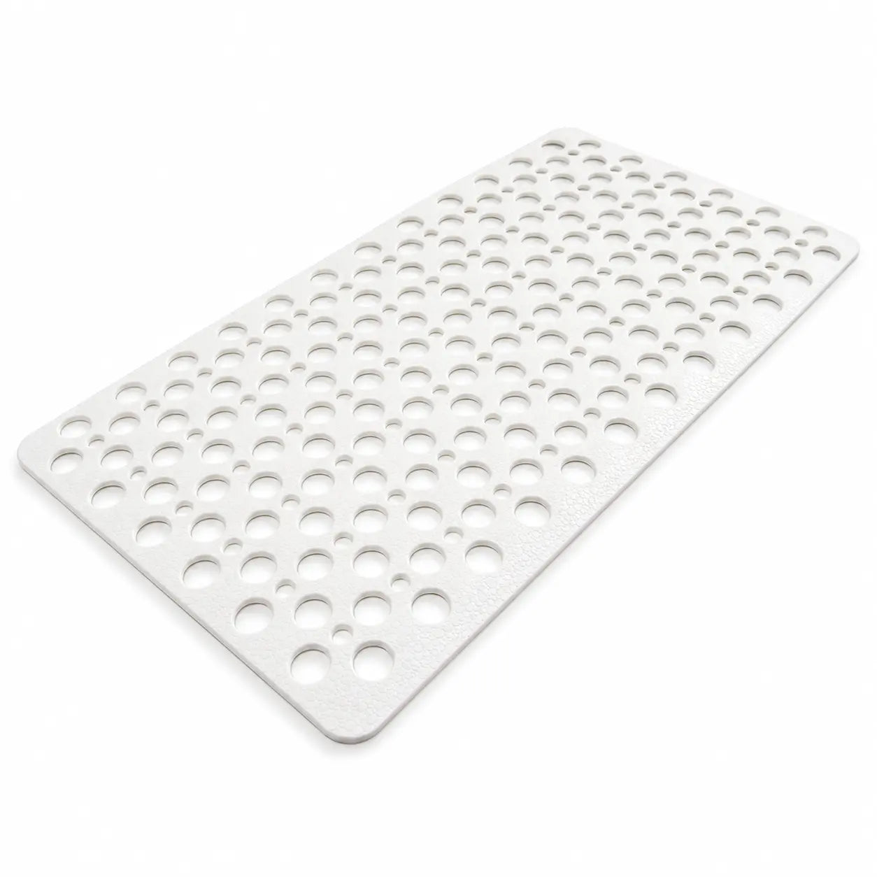 White plastic grid sheet with circular holes on a white background