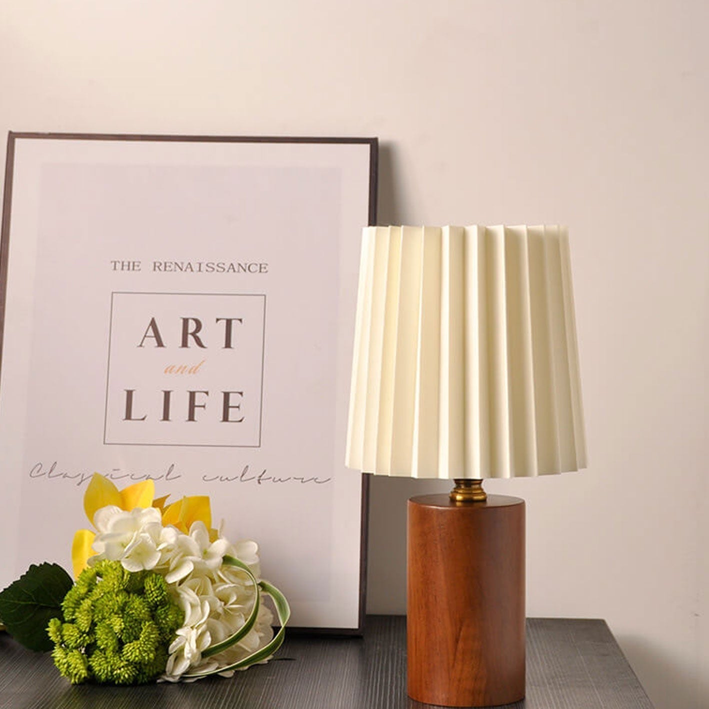 Wood Base Pleated Fabric Cylinder Table Lamp