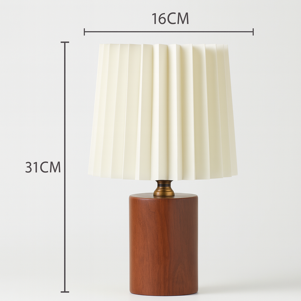Wood Base Pleated Fabric Cylinder Table Lamp