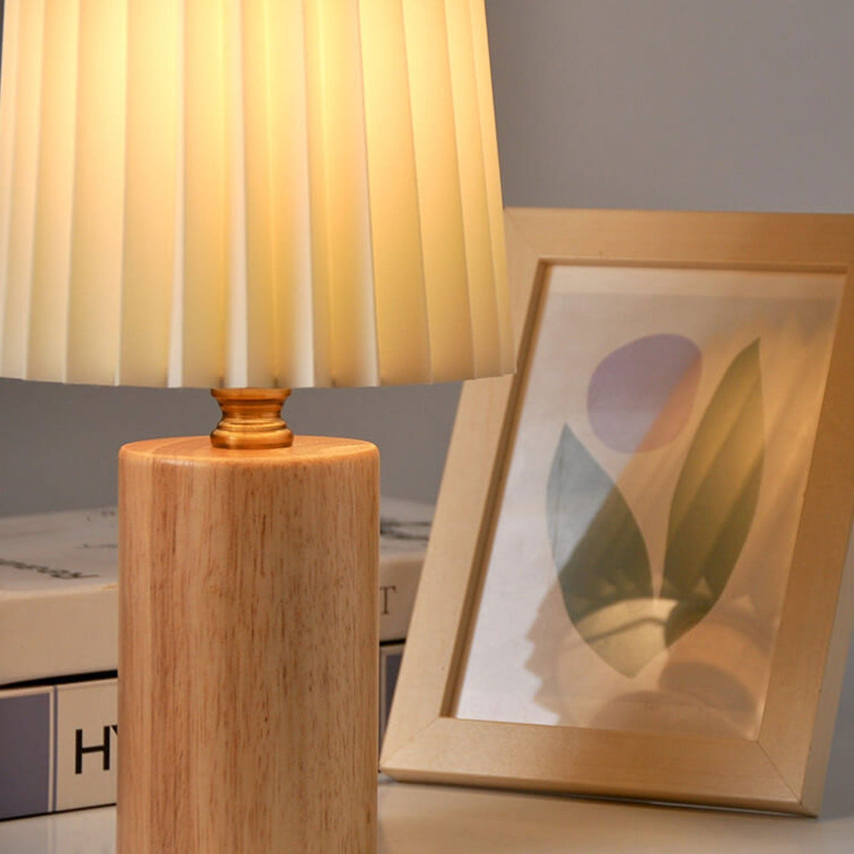 Wood Base Pleated Fabric Cylinder Table Lamp