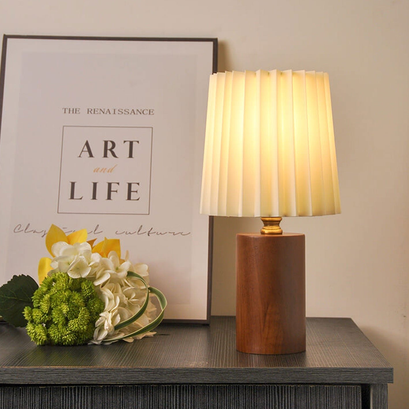 Wood Base Pleated Fabric Cylinder Table Lamp