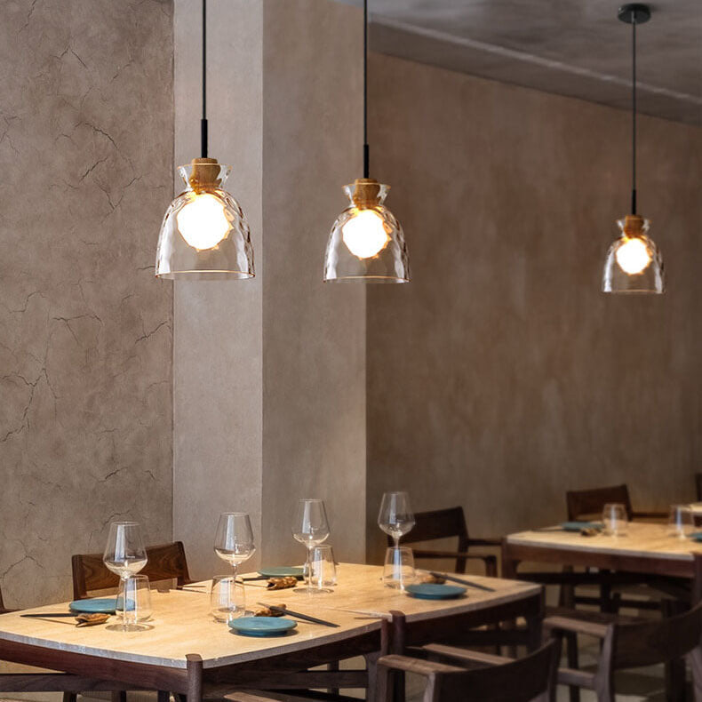 Wood and Glass Pendant Light with Rippled Shade