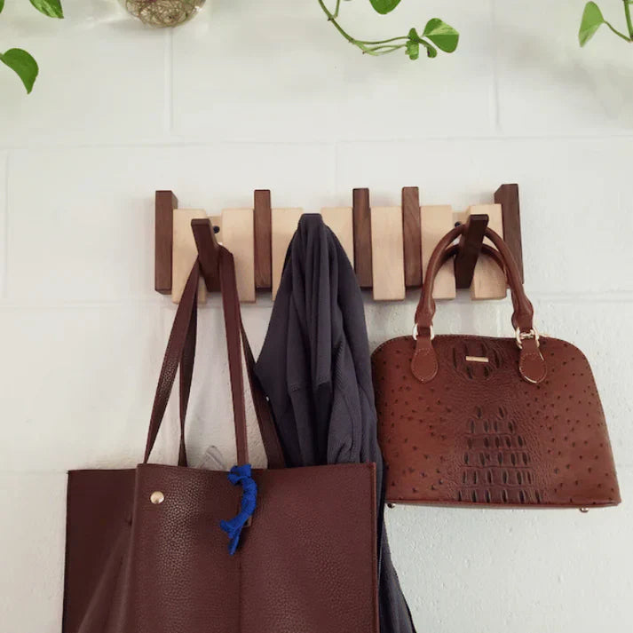 Wooden Piano Key Coat Rack with Folding Hooks