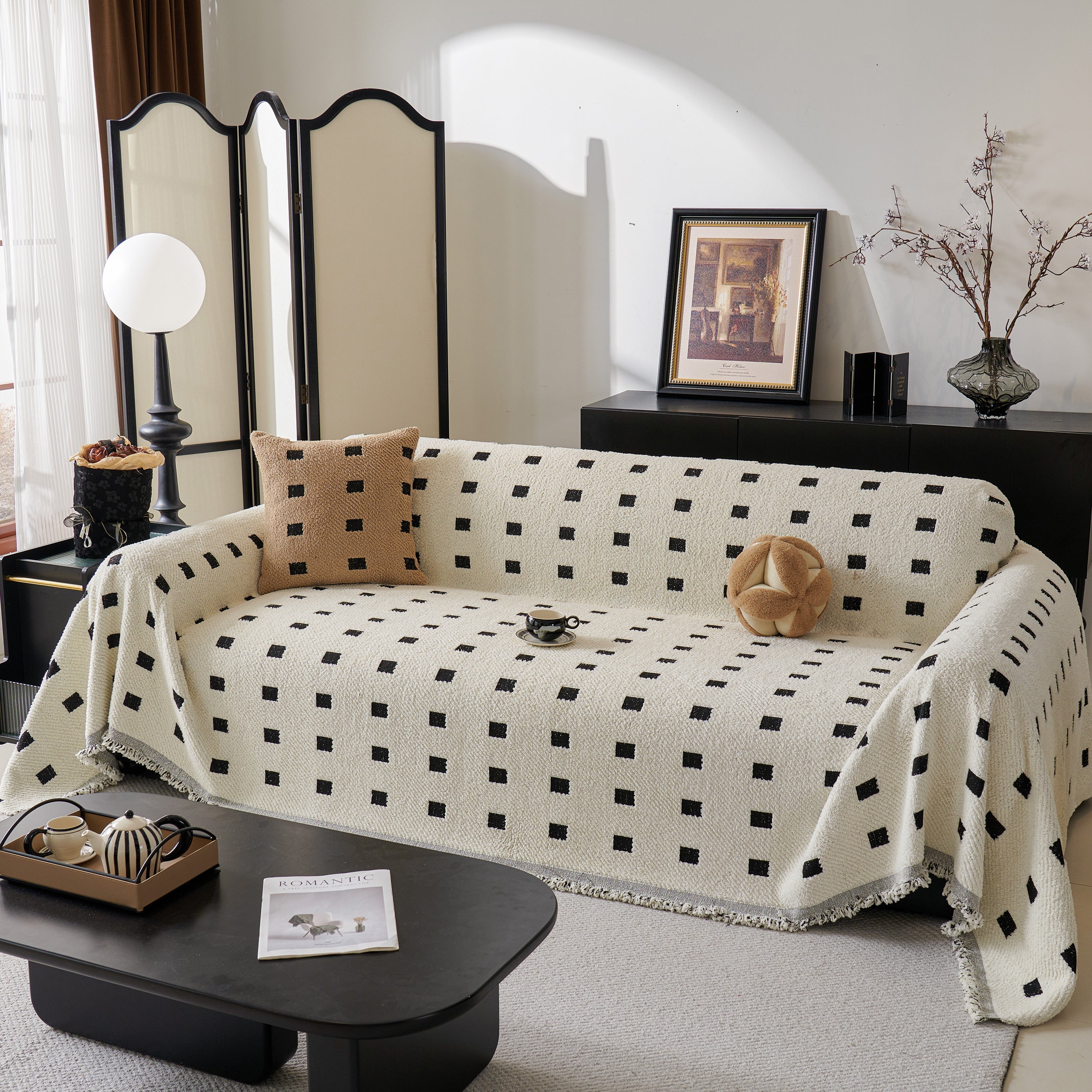 Woven Chenille Sofa Throw with Square Pattern