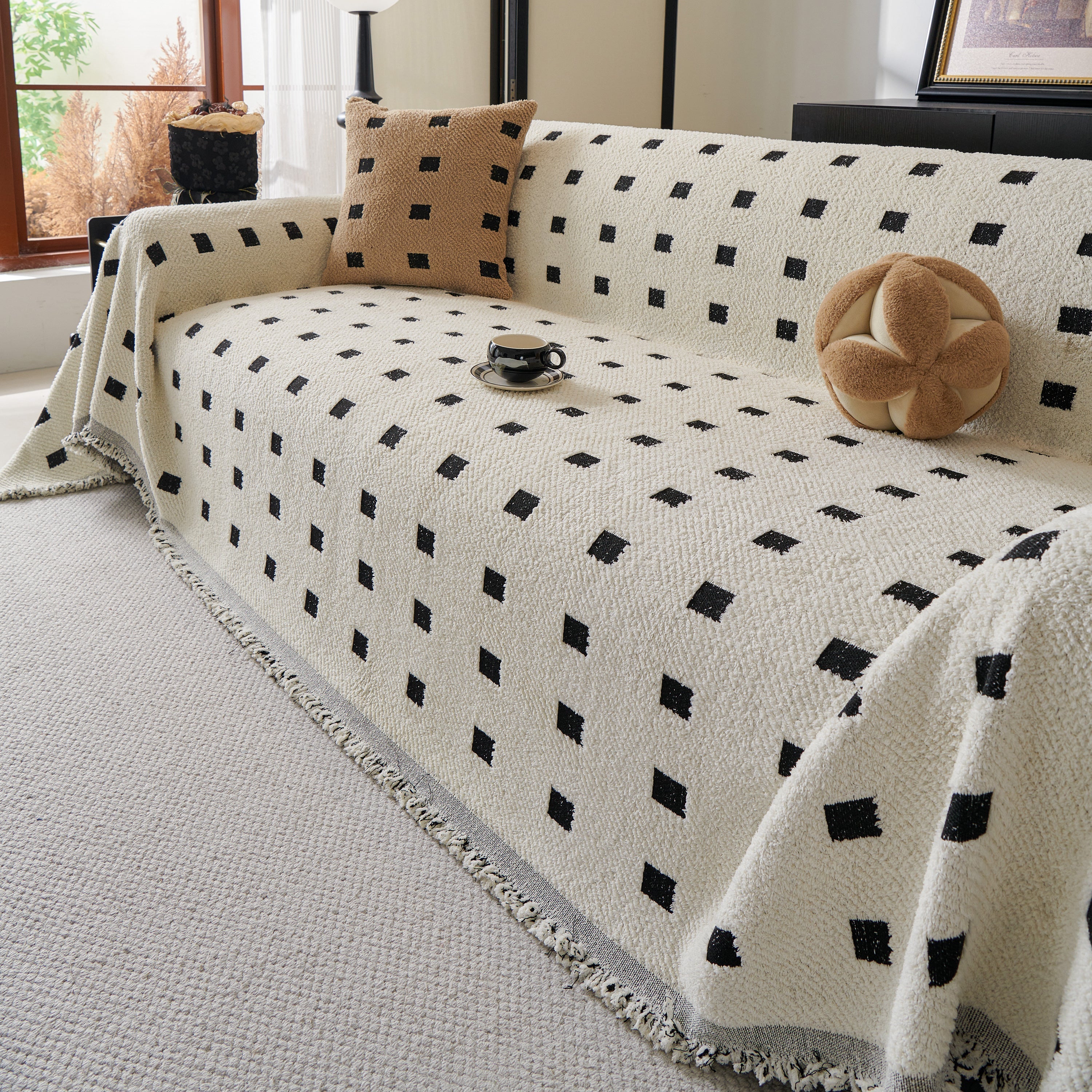 Woven Chenille Sofa Throw with Square Pattern