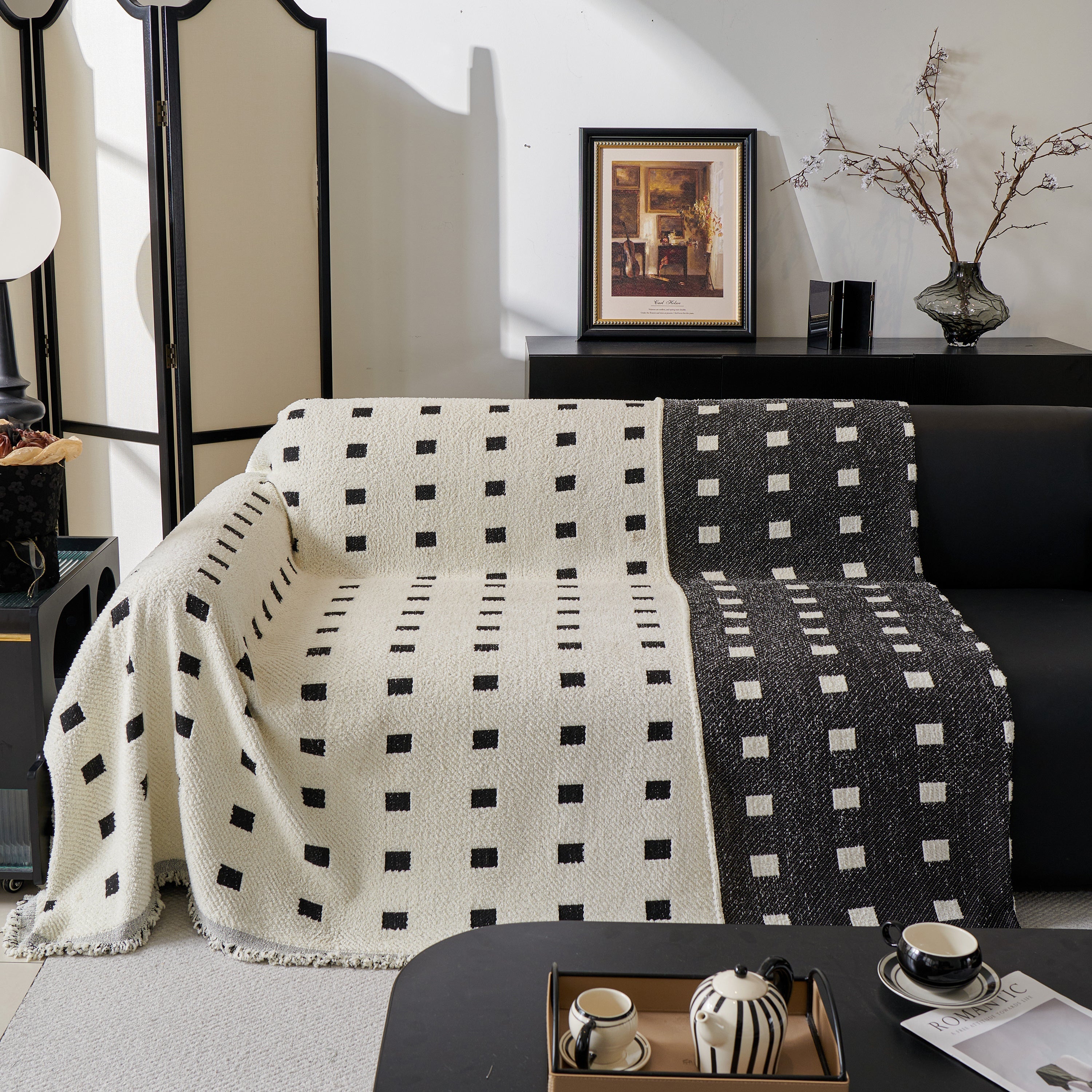 Woven Chenille Sofa Throw with Square Pattern