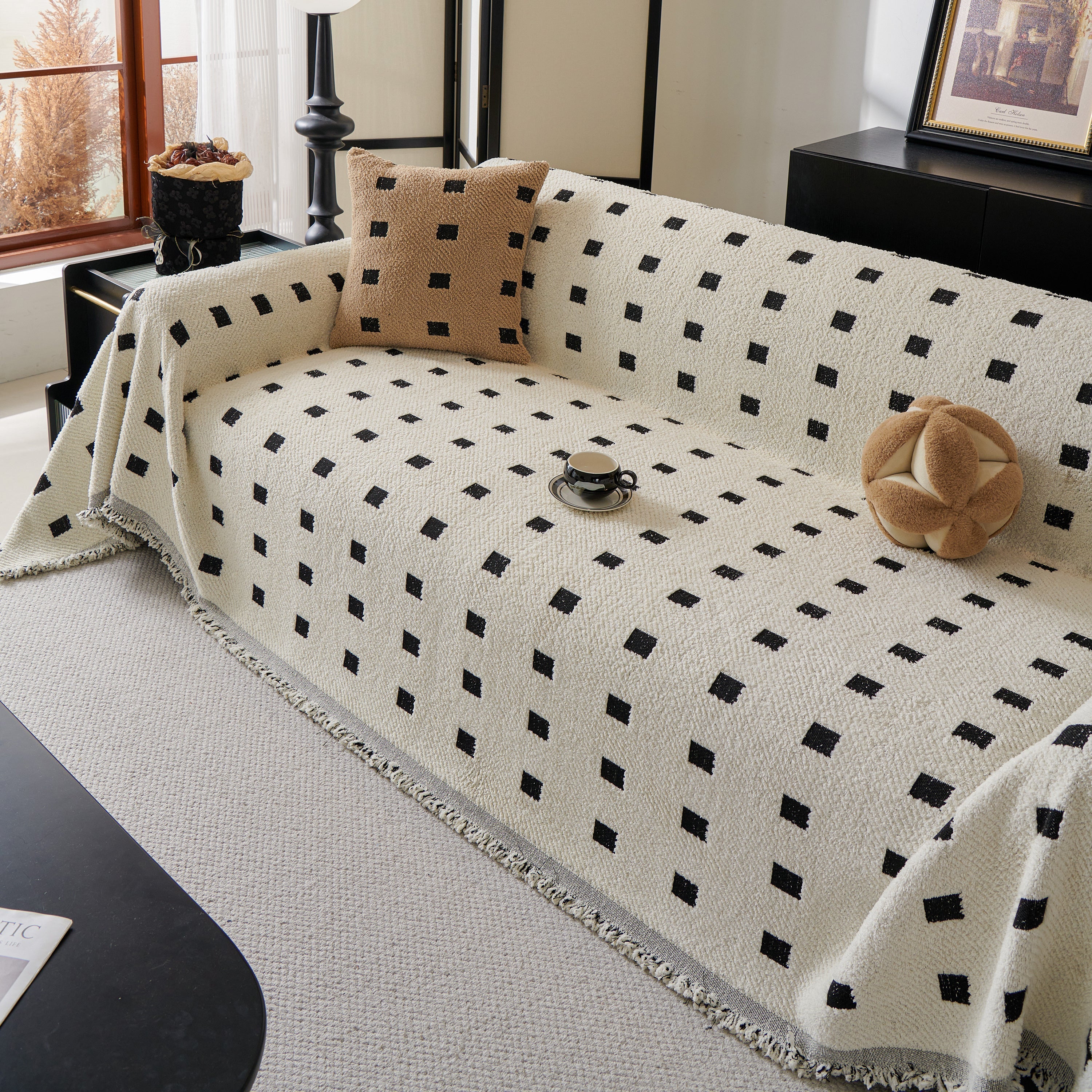 Woven Chenille Sofa Throw with Square Pattern