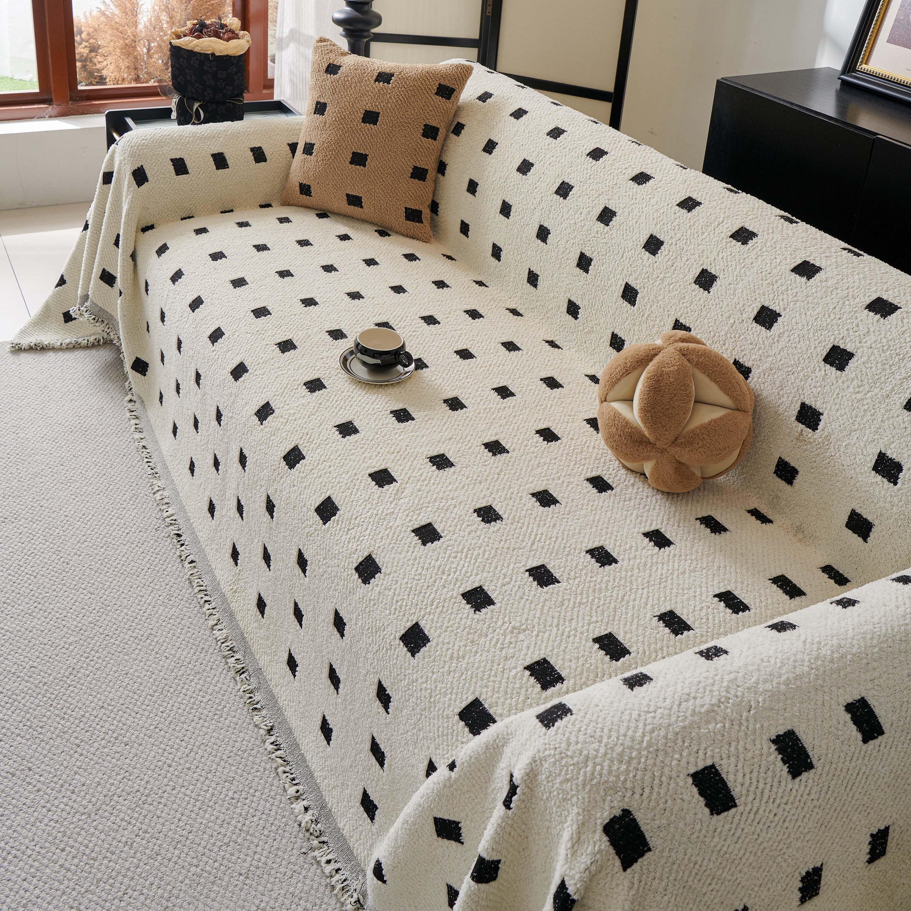 Woven Chenille Sofa Throw with Square Pattern