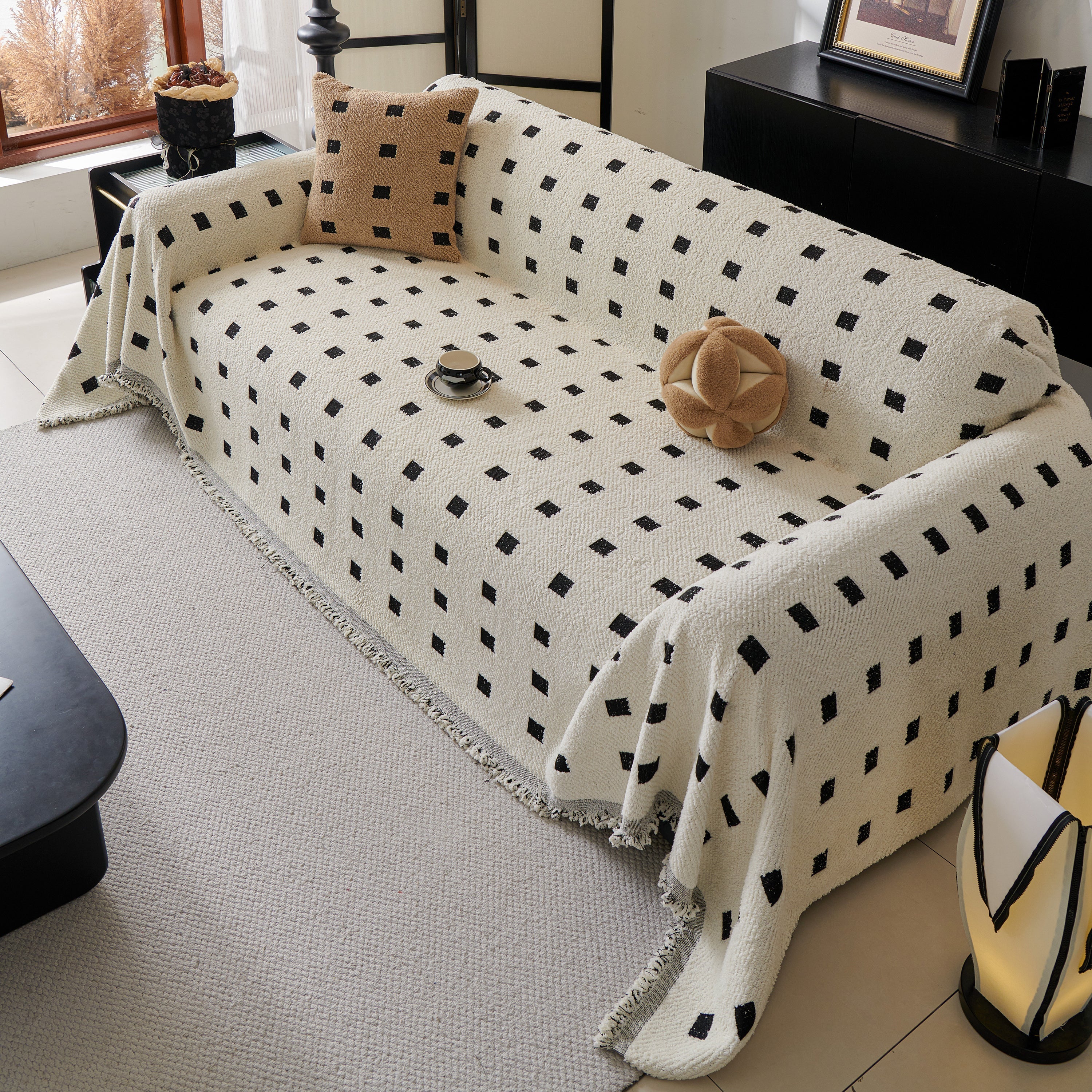 Woven Chenille Sofa Throw with Square Pattern