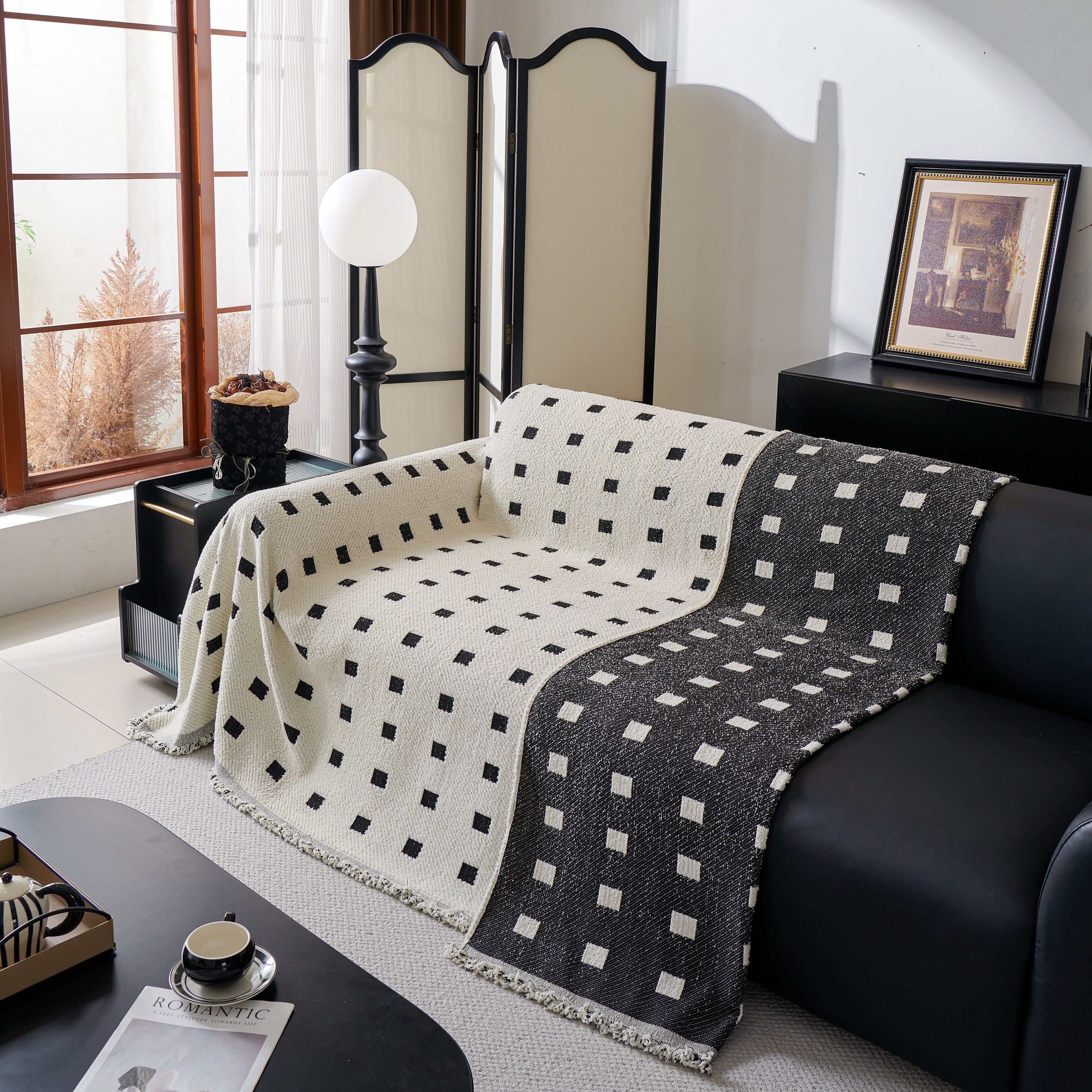 Woven Chenille Sofa Throw with Square Pattern