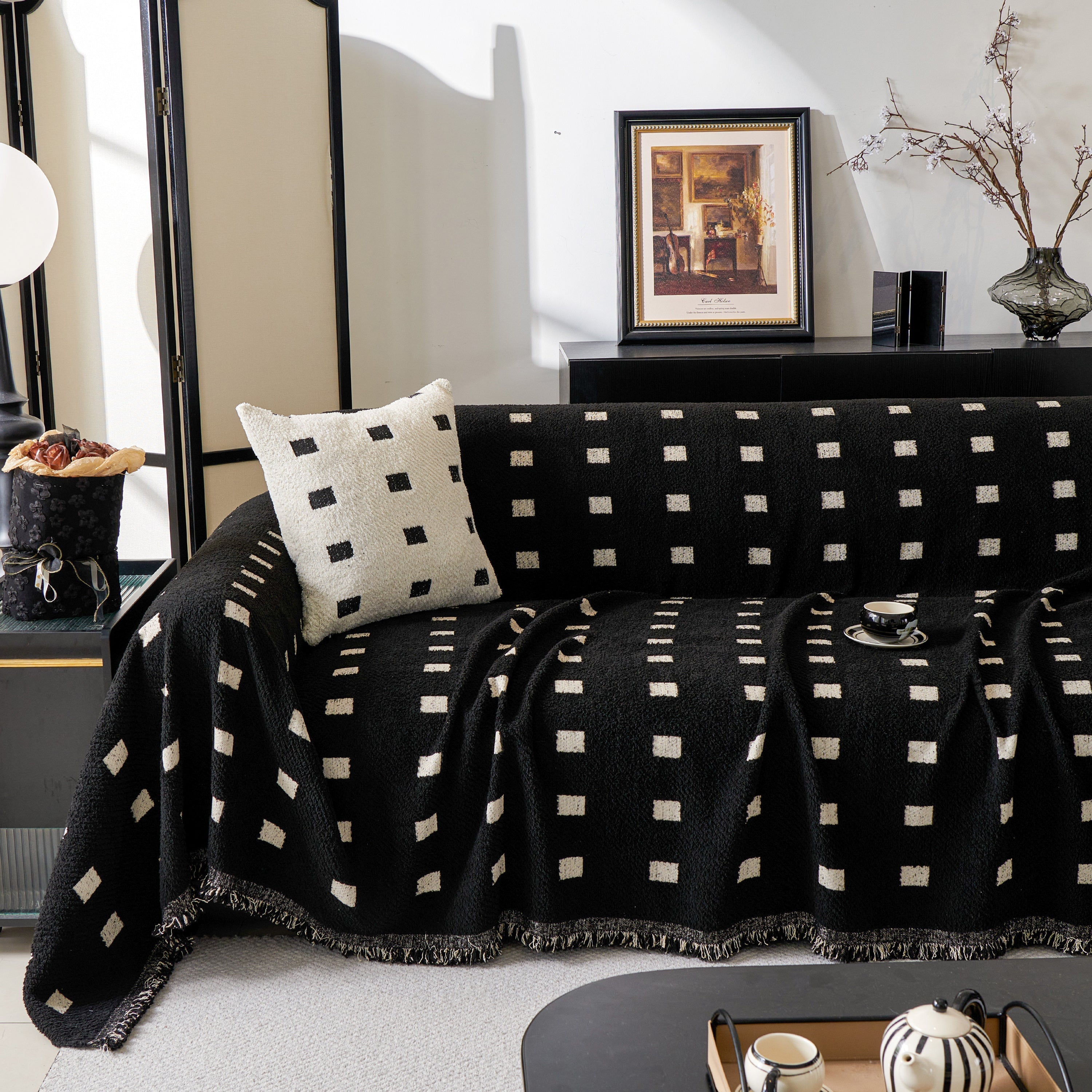 Woven Chenille Sofa Throw with Square Pattern