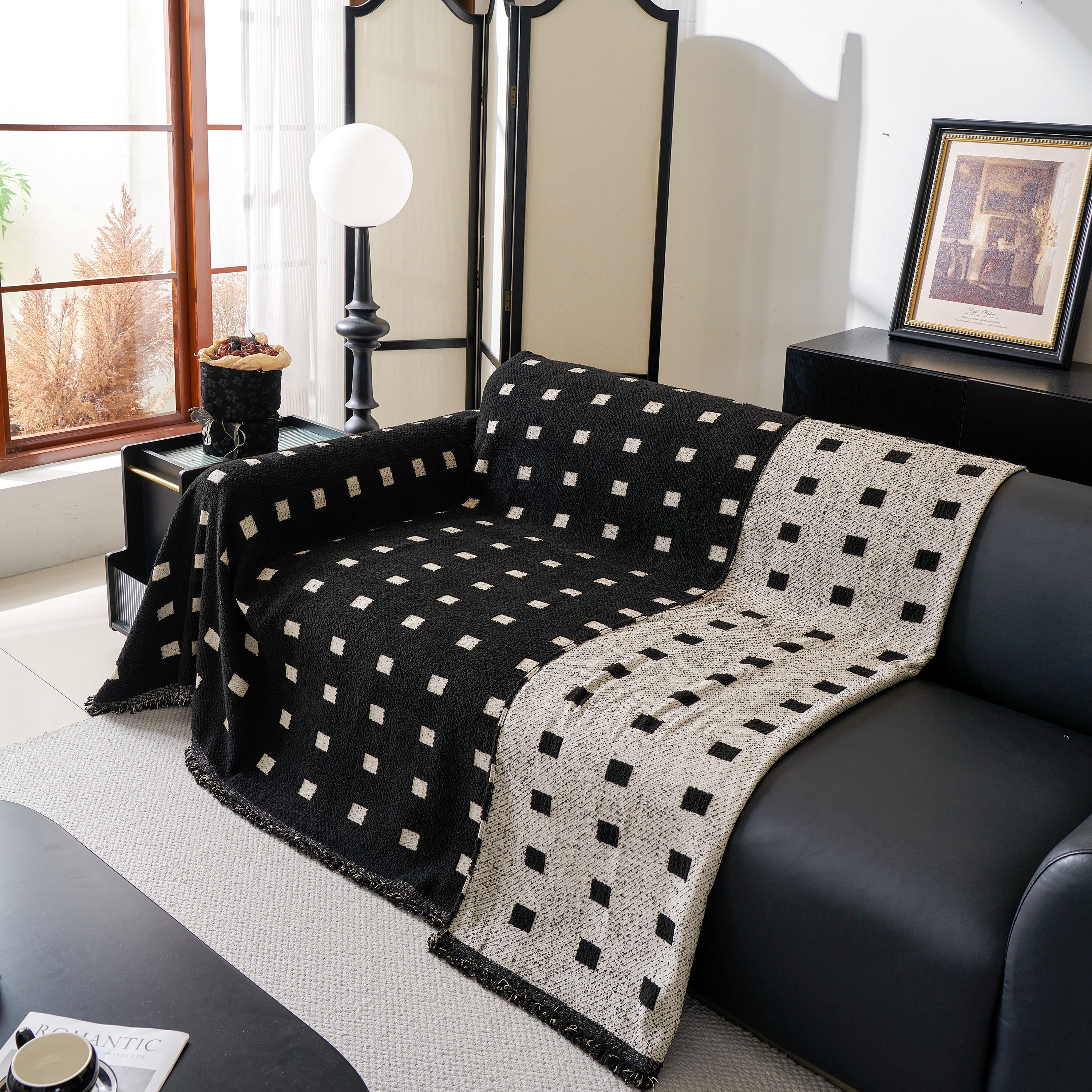 Woven Chenille Sofa Throw with Square Pattern