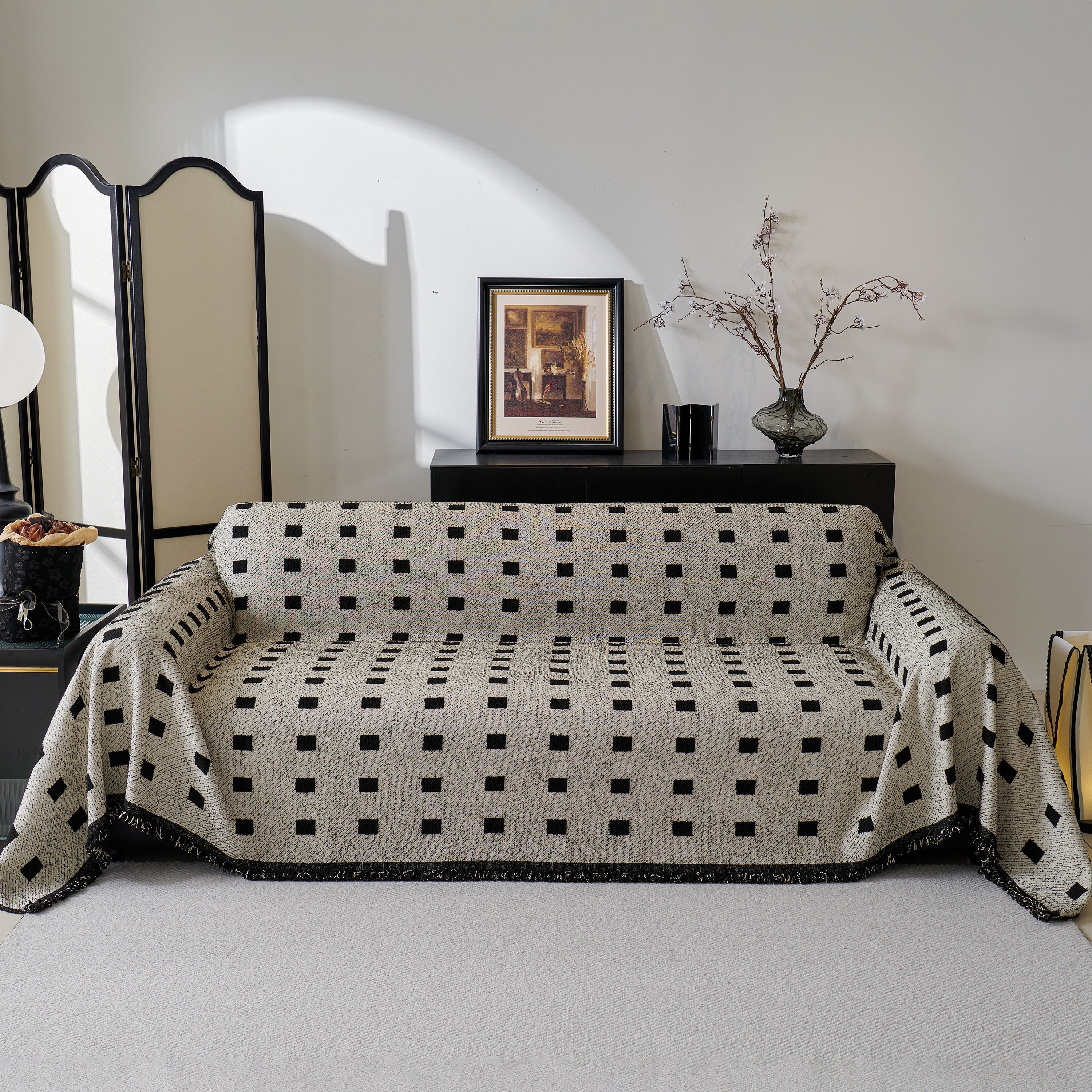 Woven Chenille Sofa Throw with Square Pattern