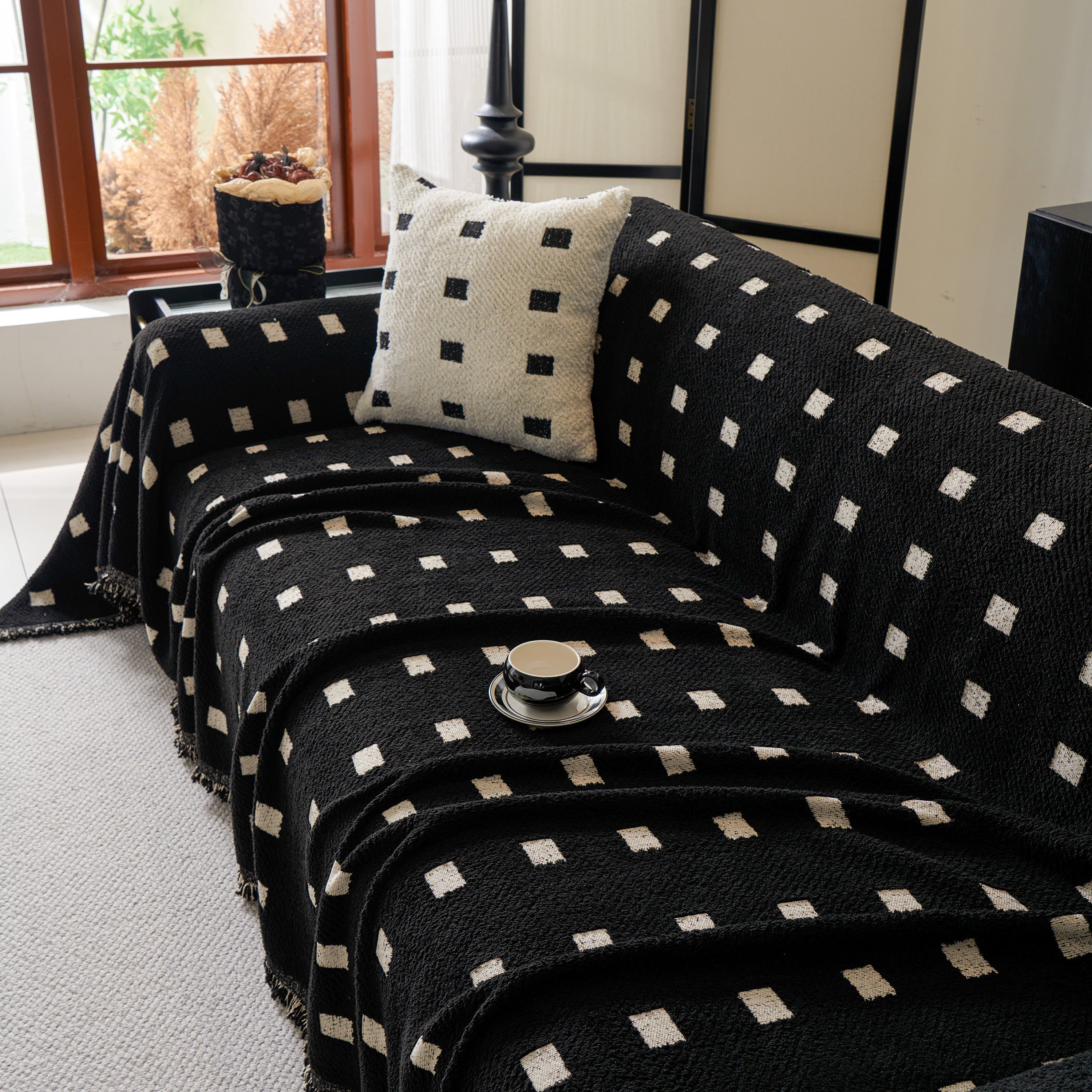 Woven Chenille Sofa Throw with Square Pattern